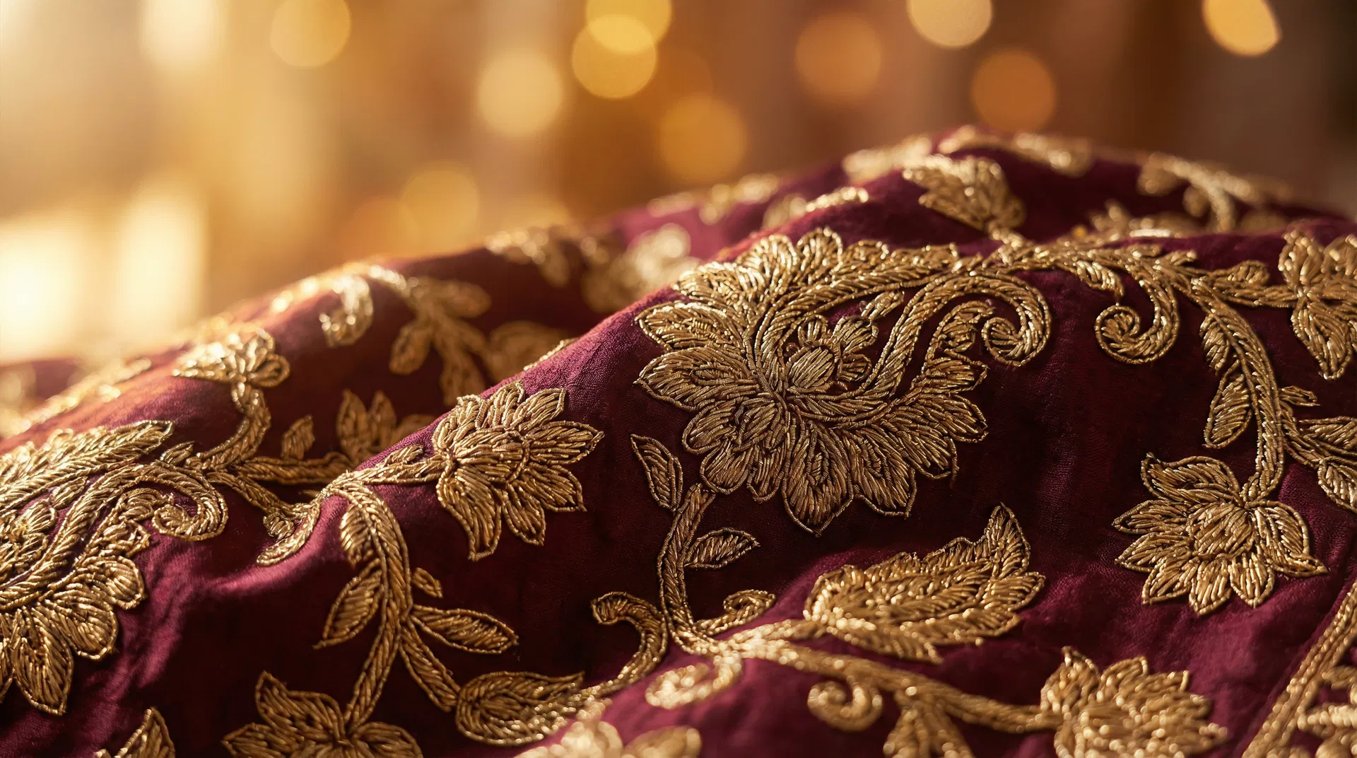 Luxurious embroidered fabric with gold zari threadwork