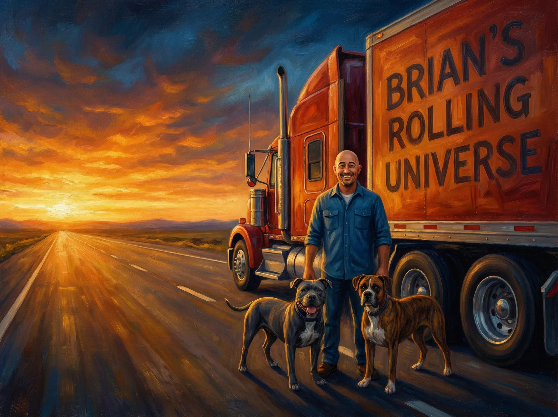 Brian smiling with Hades and Nala beside the Brian's Rolling Universe truck at a blazing sunrise on an empty highway