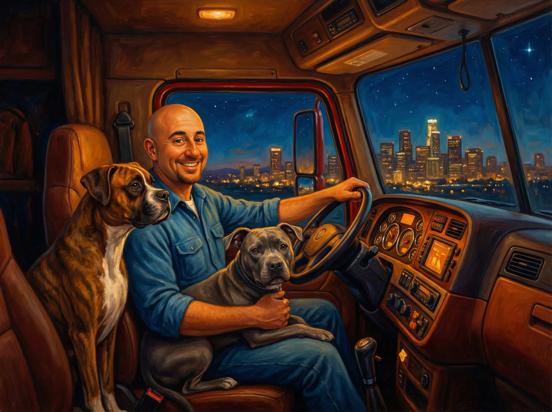 Brian smiling in the truck cab with Hades on his lap and Nala beside him, city skyline glowing through the windshield at night