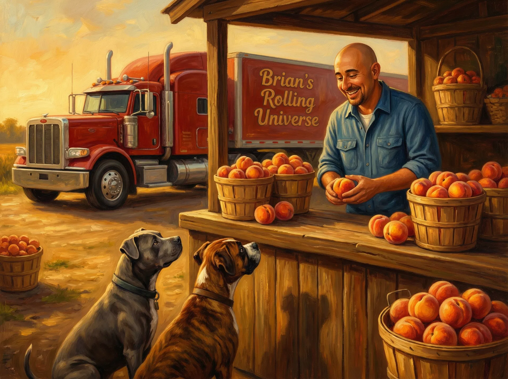 Brian holding a peach at a rustic roadside stand while Hades and Nala look up at him, Brian's Rolling Universe truck in the background