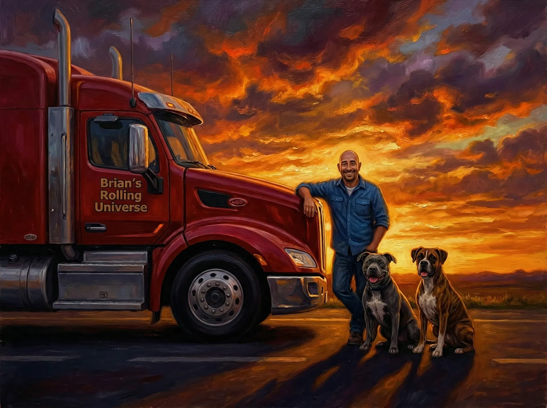 Brian leaning against the Brian's Rolling Universe truck with Hades and Nala sitting beside him under a dramatic fiery sunset sky