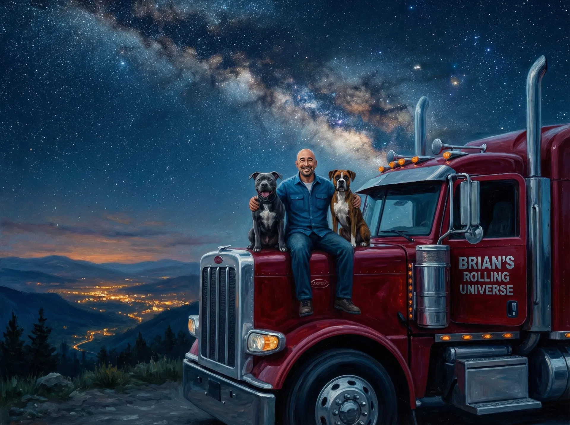 Brian sitting on top of the Brian's Rolling Universe truck with Hades and Nala under a breathtaking Milky Way sky over a mountain valley