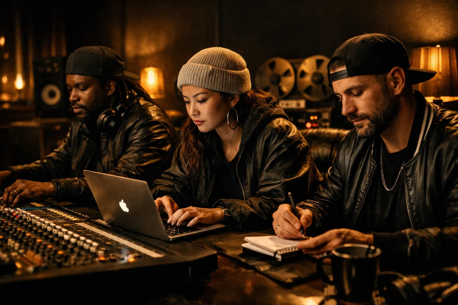 Music producers and engineers collaborating in a professional studio