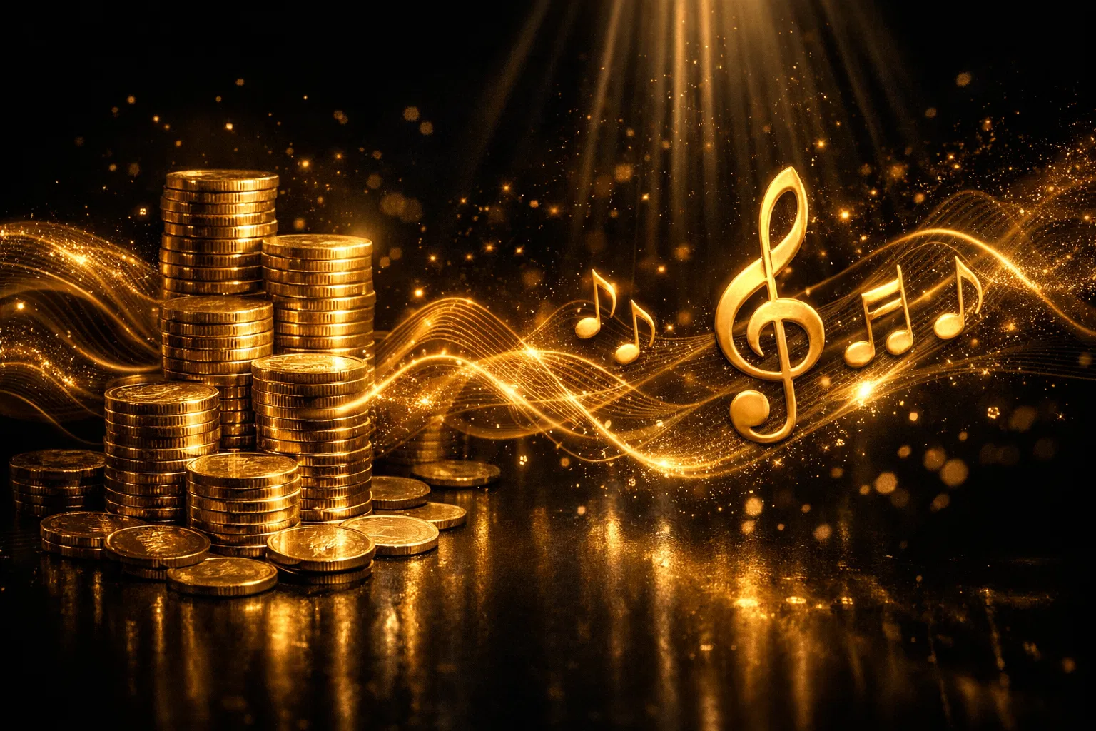 Gold coins and music notes representing master royalty collection