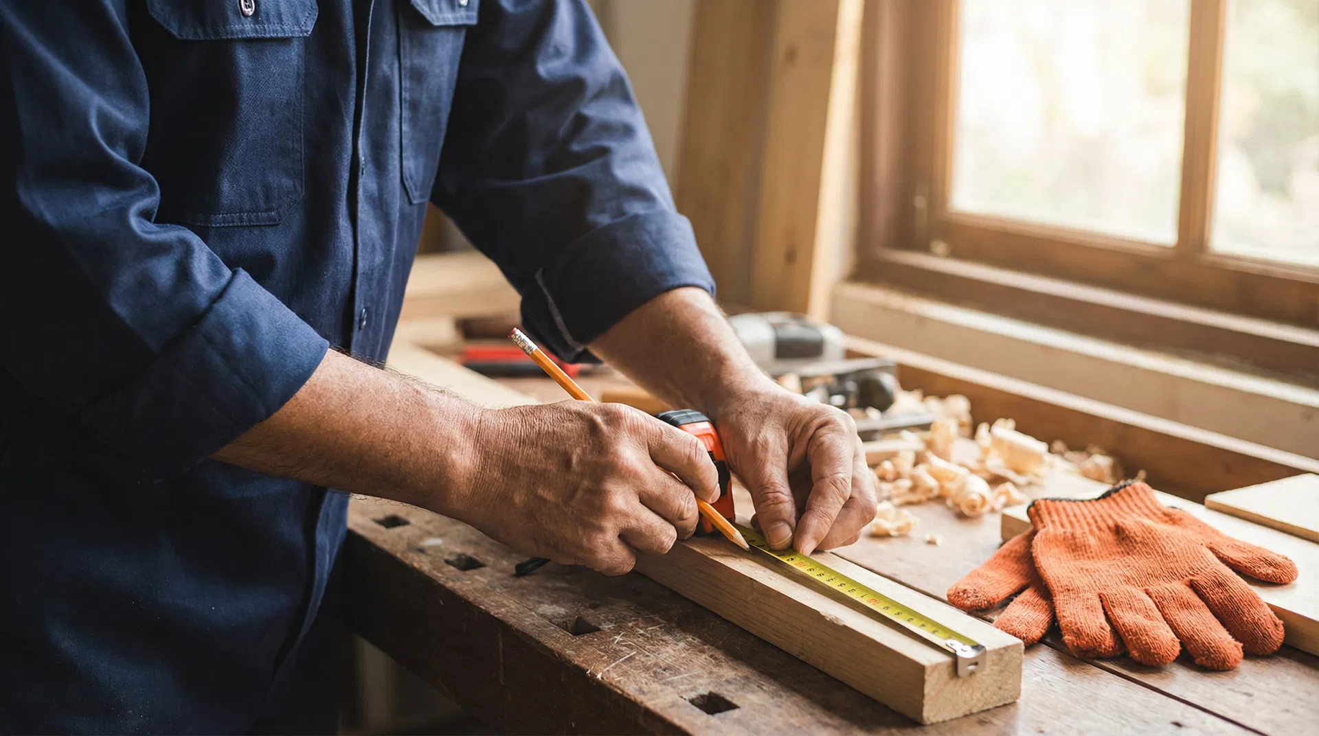 Craftsman measuring wood carefully