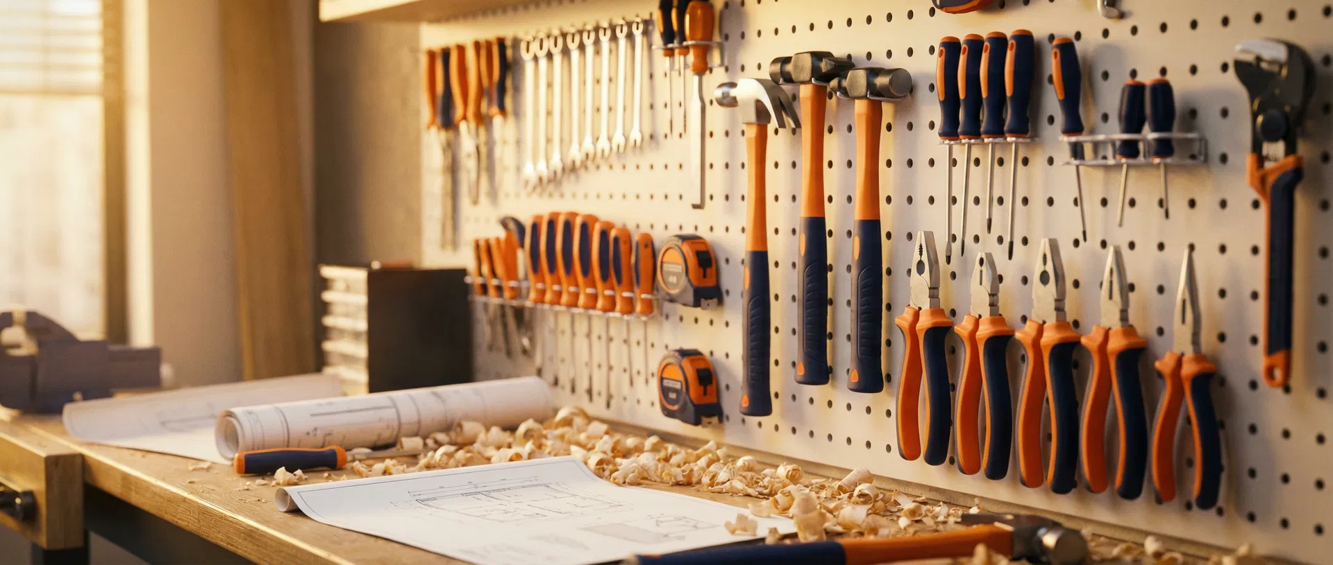 Workshop tools on pegboard