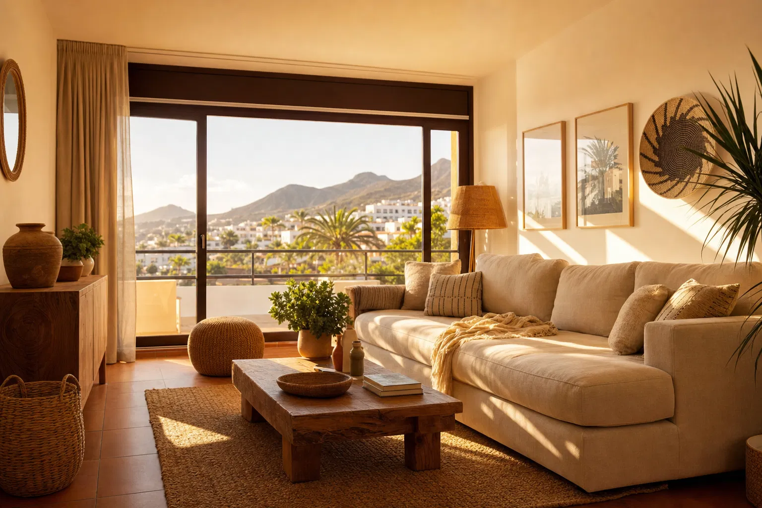 Alquiler de temporada en Tenerife — salón cálido con vistas