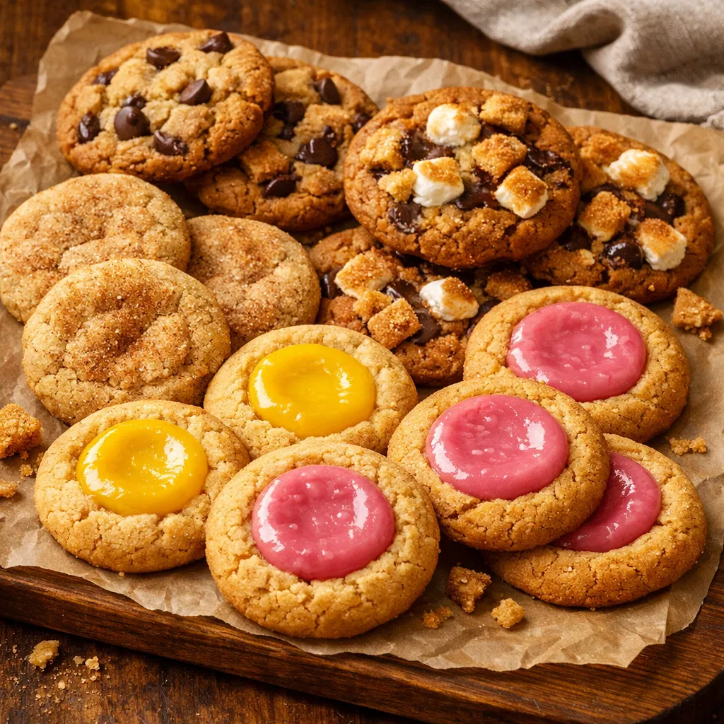 Cookie assortment on wooden board