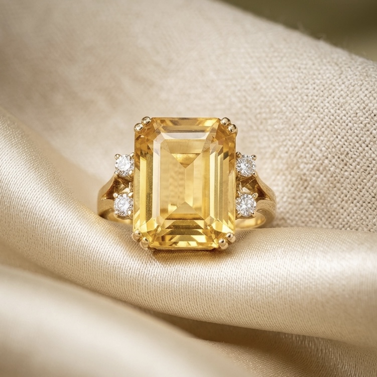 Anel em Ouro 18k com Citrino Honey e Diamantes Laterais