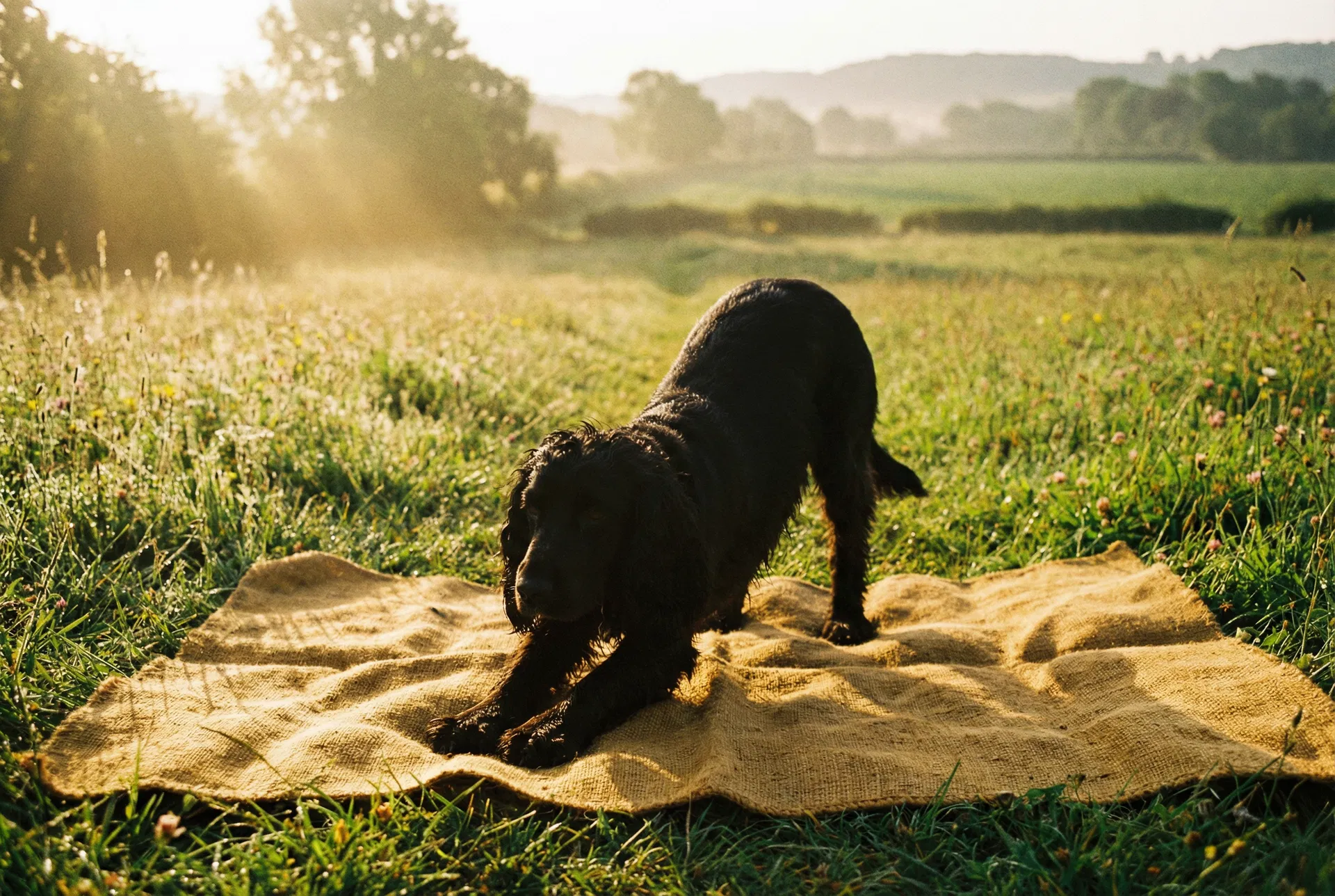 Coali — black cocker spaniel in a natural yoga stretch pose on a yoga mat at sunrise