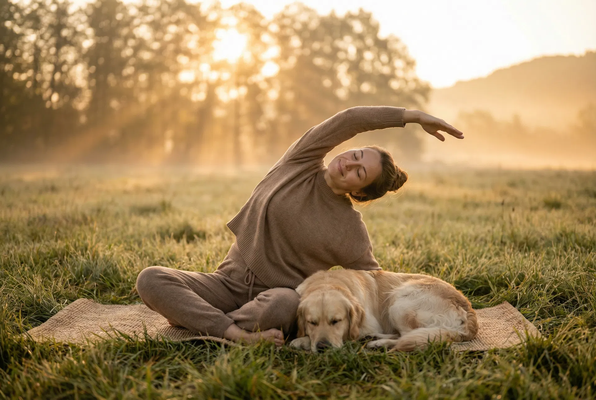 Woman doing yoga with her dog at sunrise