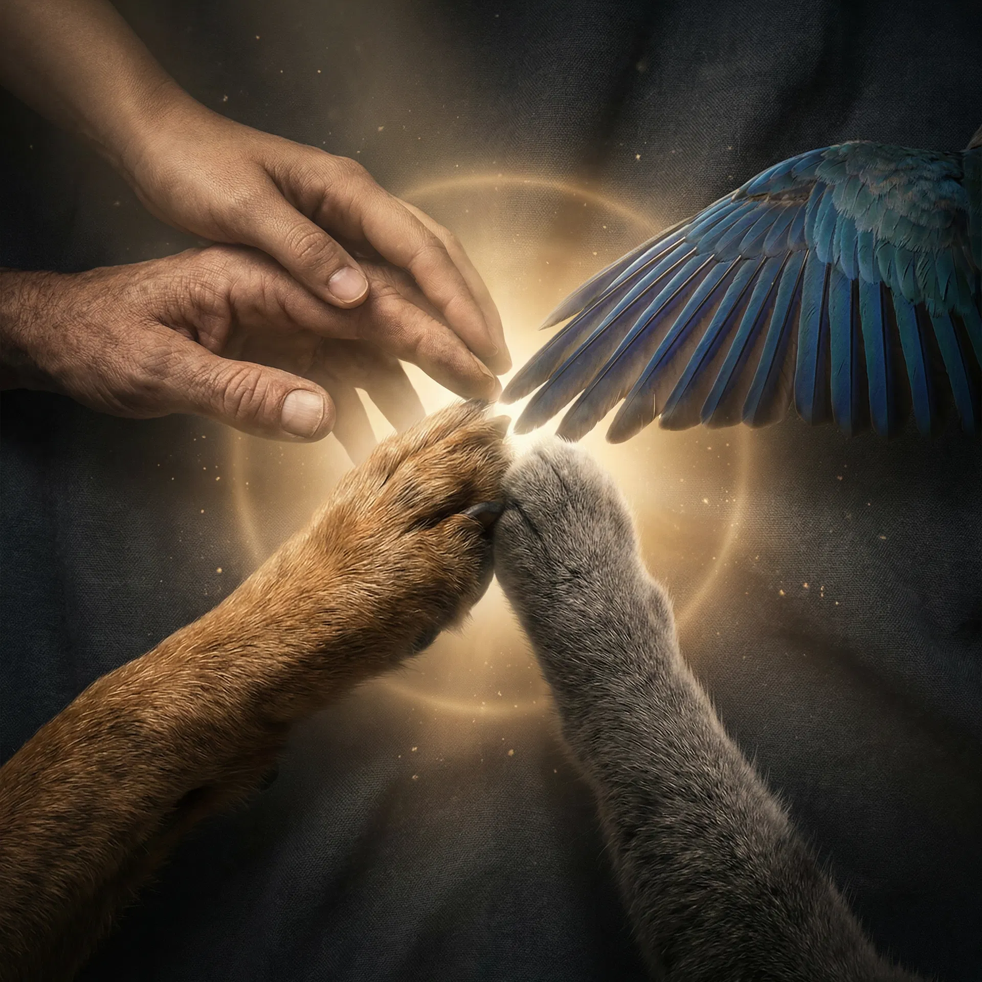 Human hand, dog paw, cat paw, and bird wing touching — all beings one