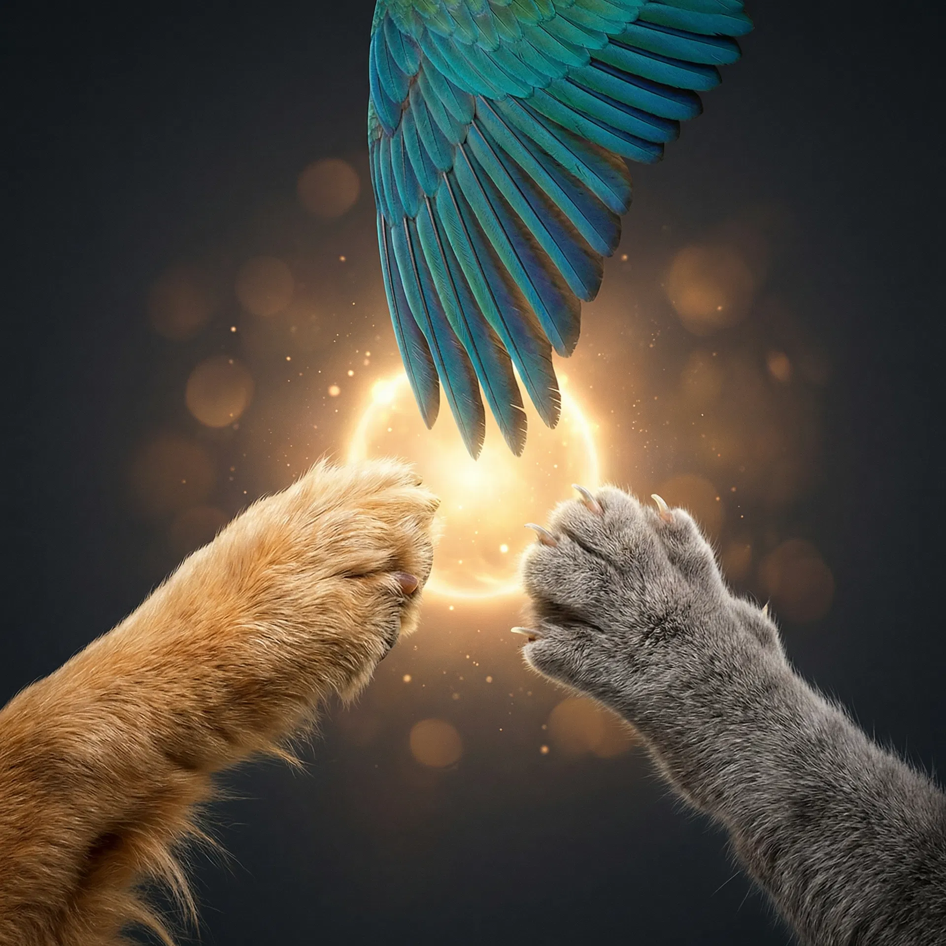 Dog paw, cat paw, and bird wing meeting in golden light — all beings one essence