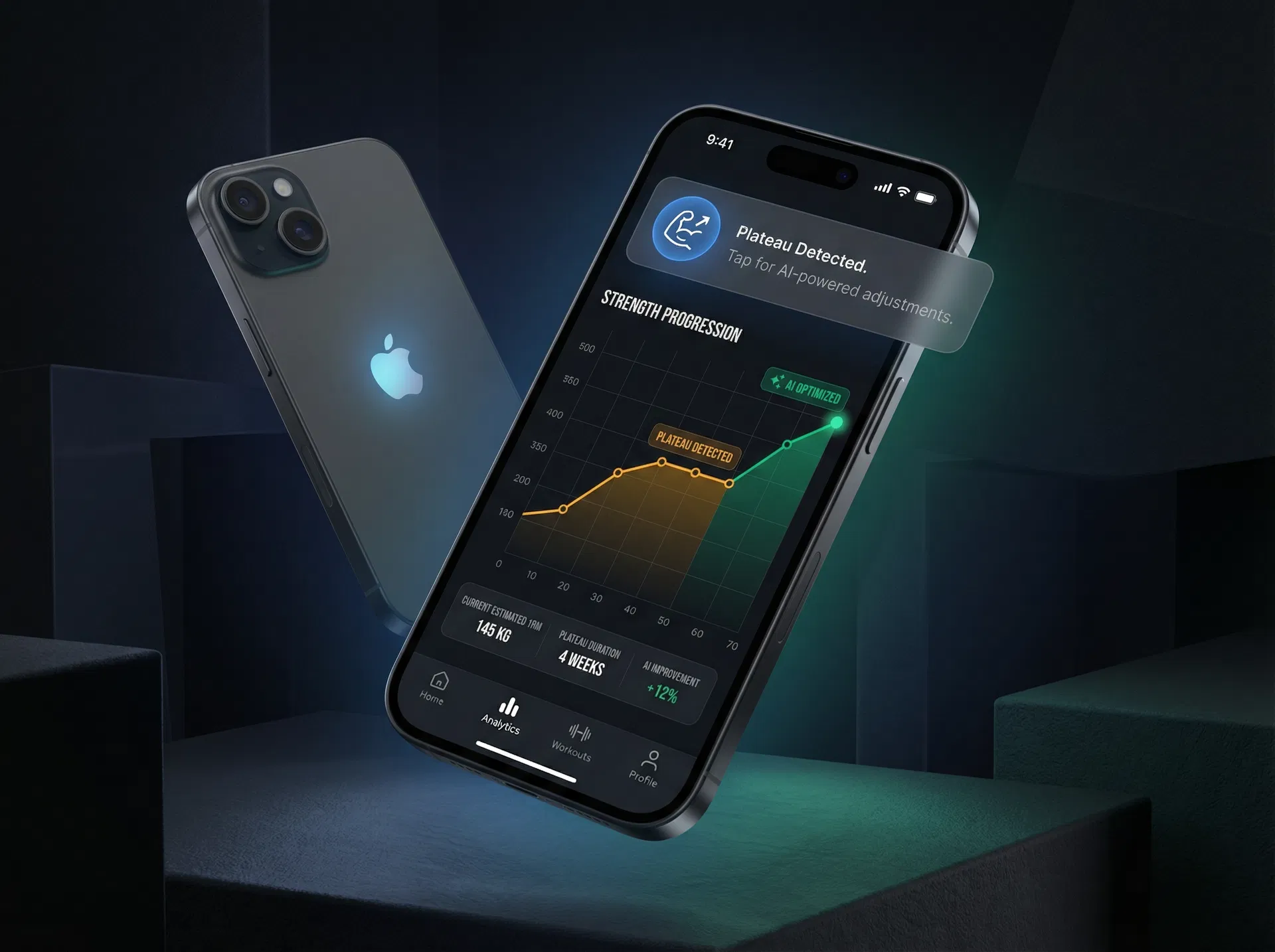 Plateau detection screen showing strength progression chart with AI intervention