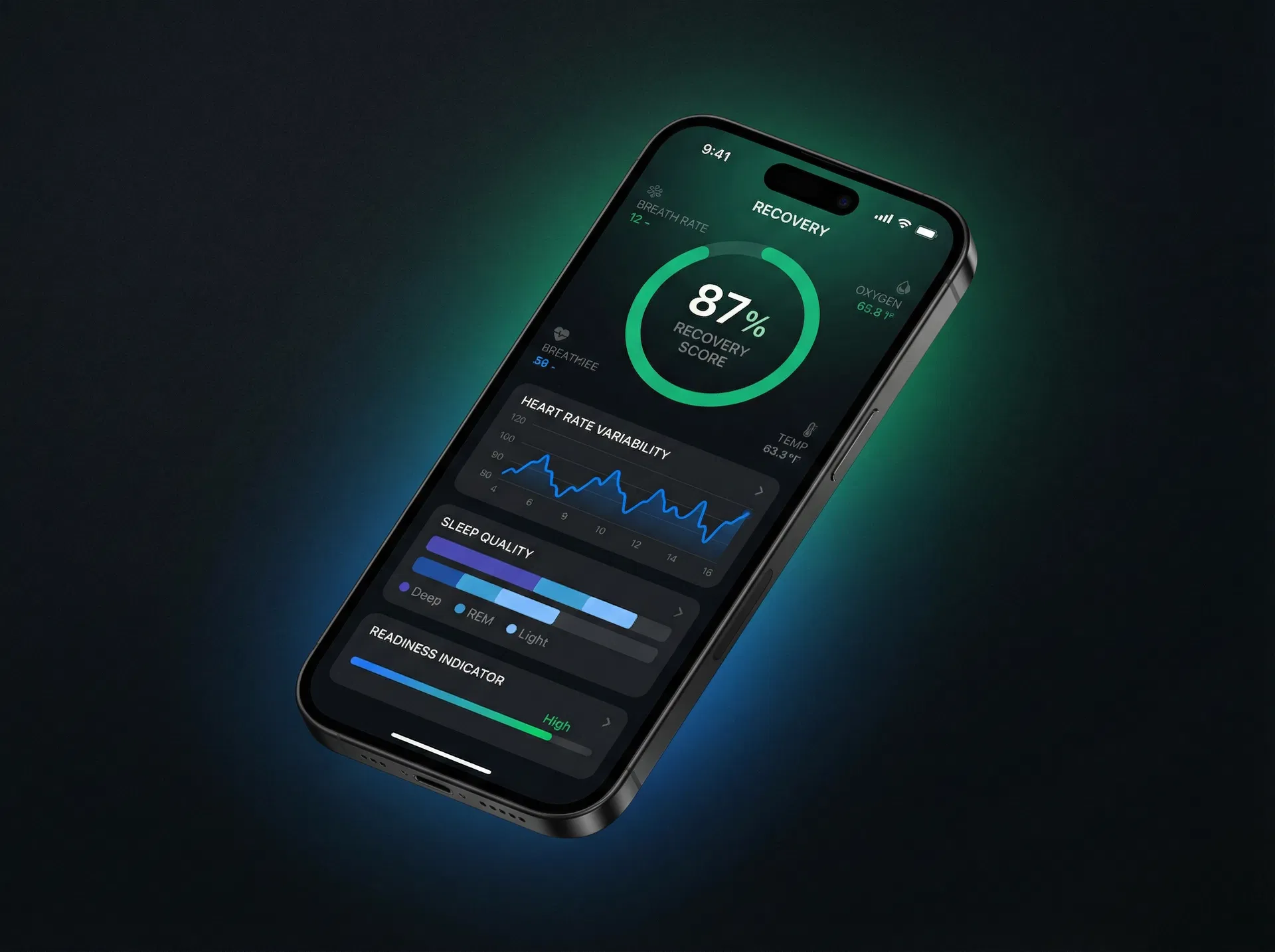 Recovery dashboard showing HRV, sleep quality, and readiness score
