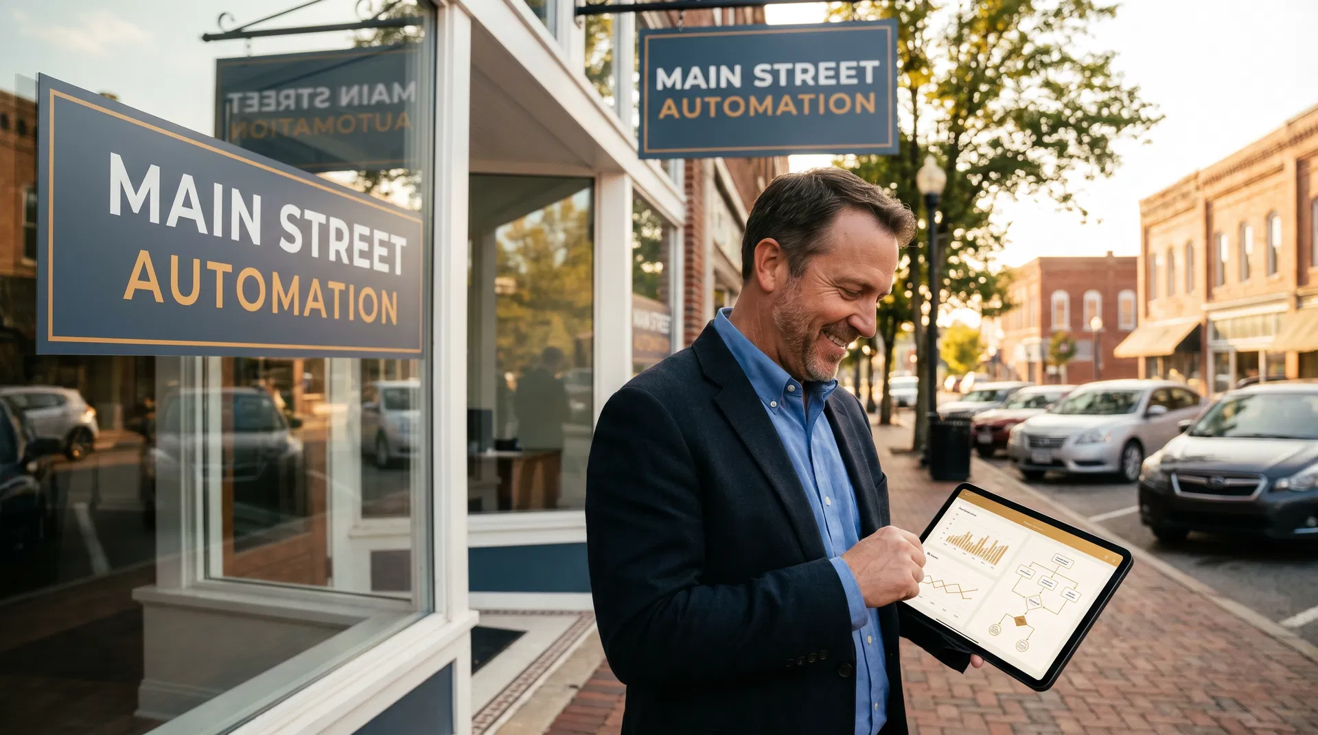 Small business owner reviewing automation dashboard