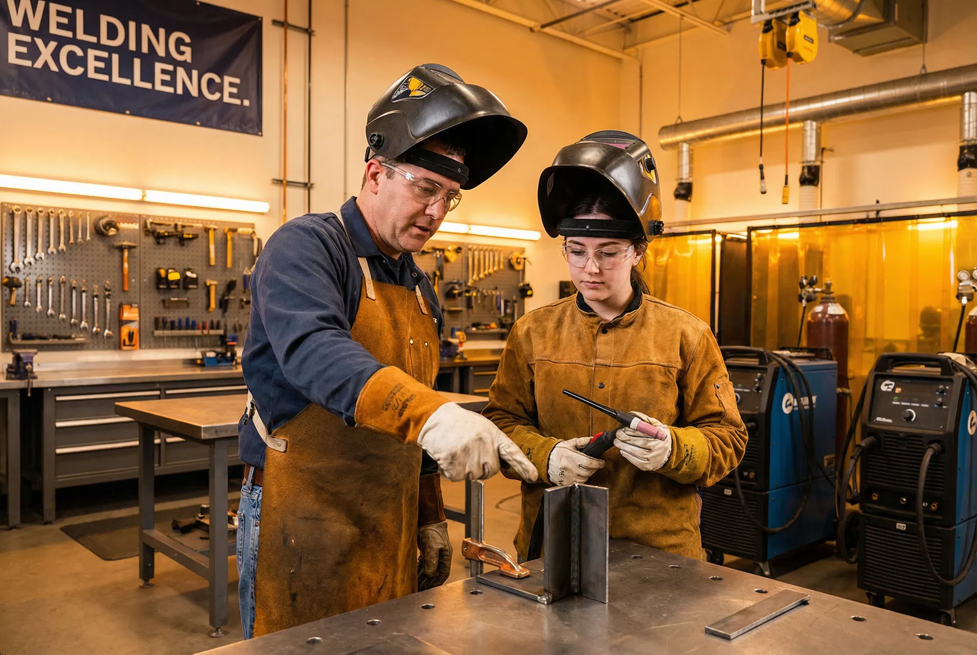 Instructor teaching student welding