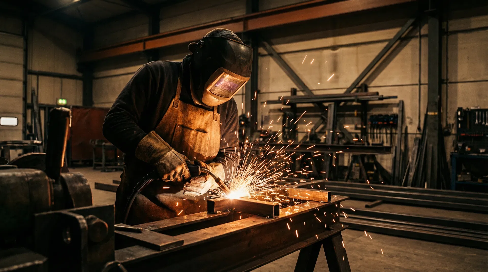 Welder creating sparks in workshop