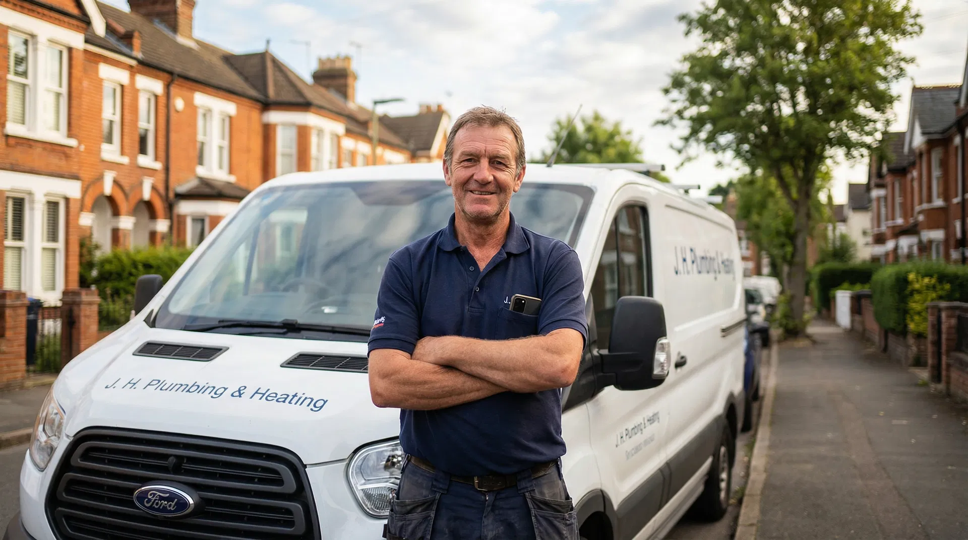 Confident UK tradesperson with work van