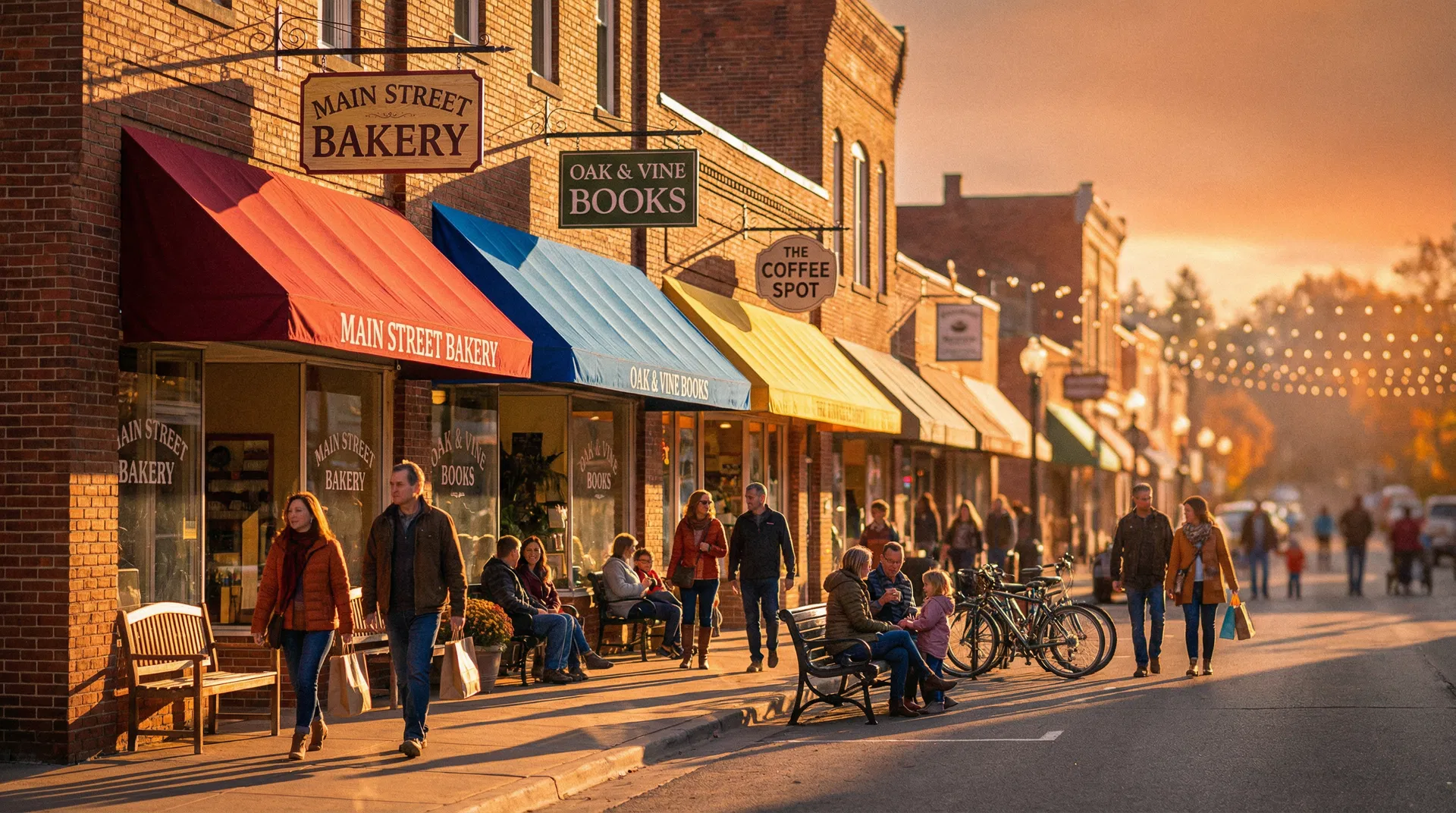 Vibrant small-town main street at golden hour