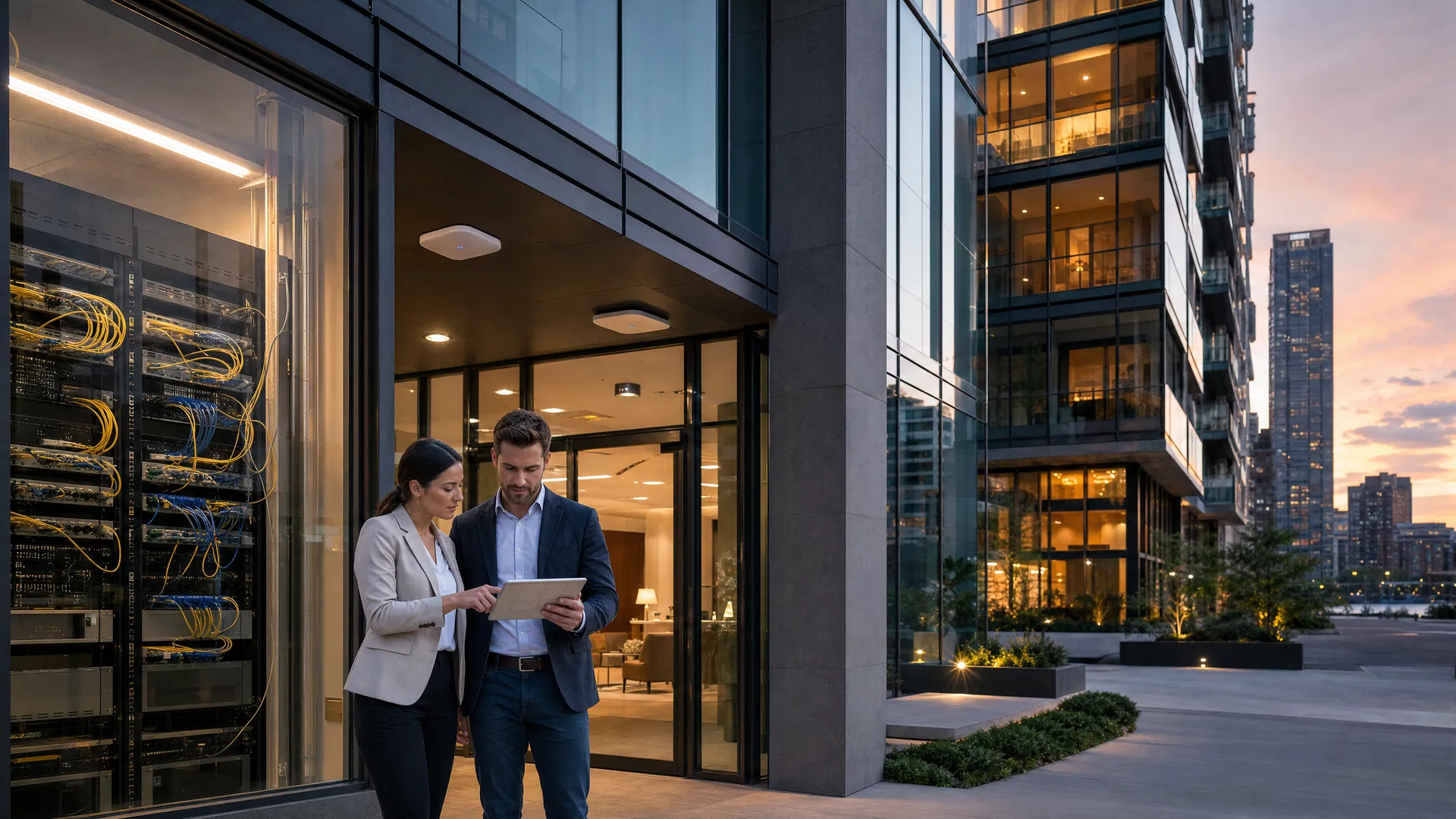 Modern luxury apartment building with fiber and WiFi infrastructure