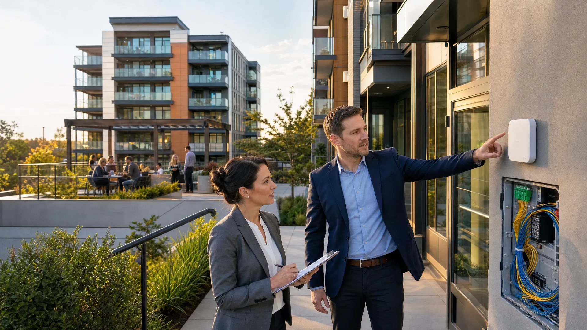 Technology consultant reviewing WiFi infrastructure at modern apartment complex