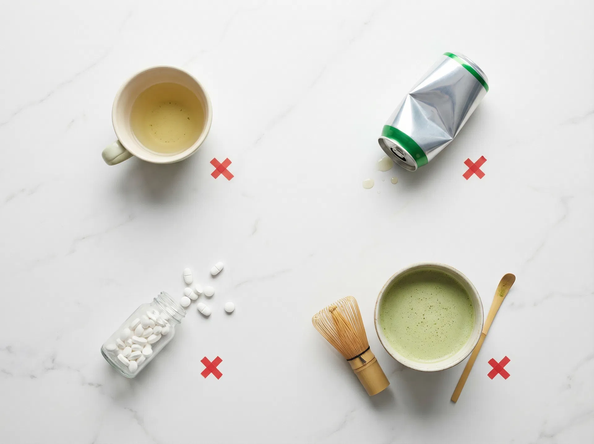 Failed caffeine alternatives — green tea, energy drinks, pills, matcha — all crossed out