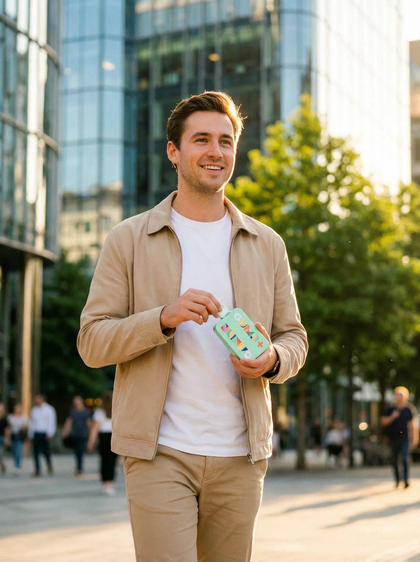 Confident professional walking through city with Gum+ in hand
