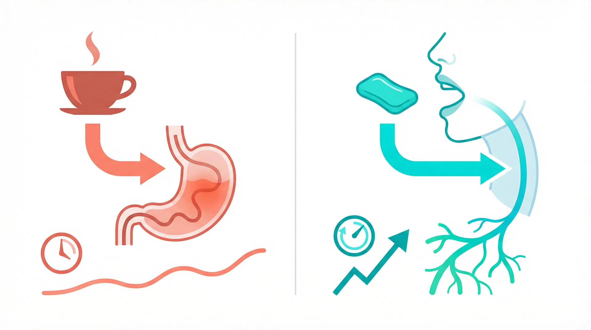 Diagram comparing coffee stomach absorption vs gum buccal absorption pathway