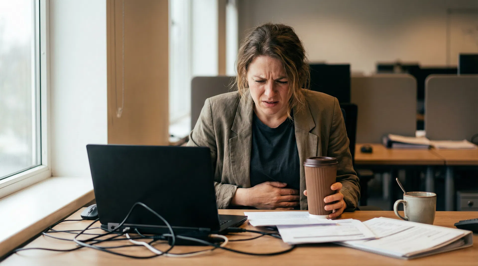 Tired professional at desk clutching stomach while holding coffee