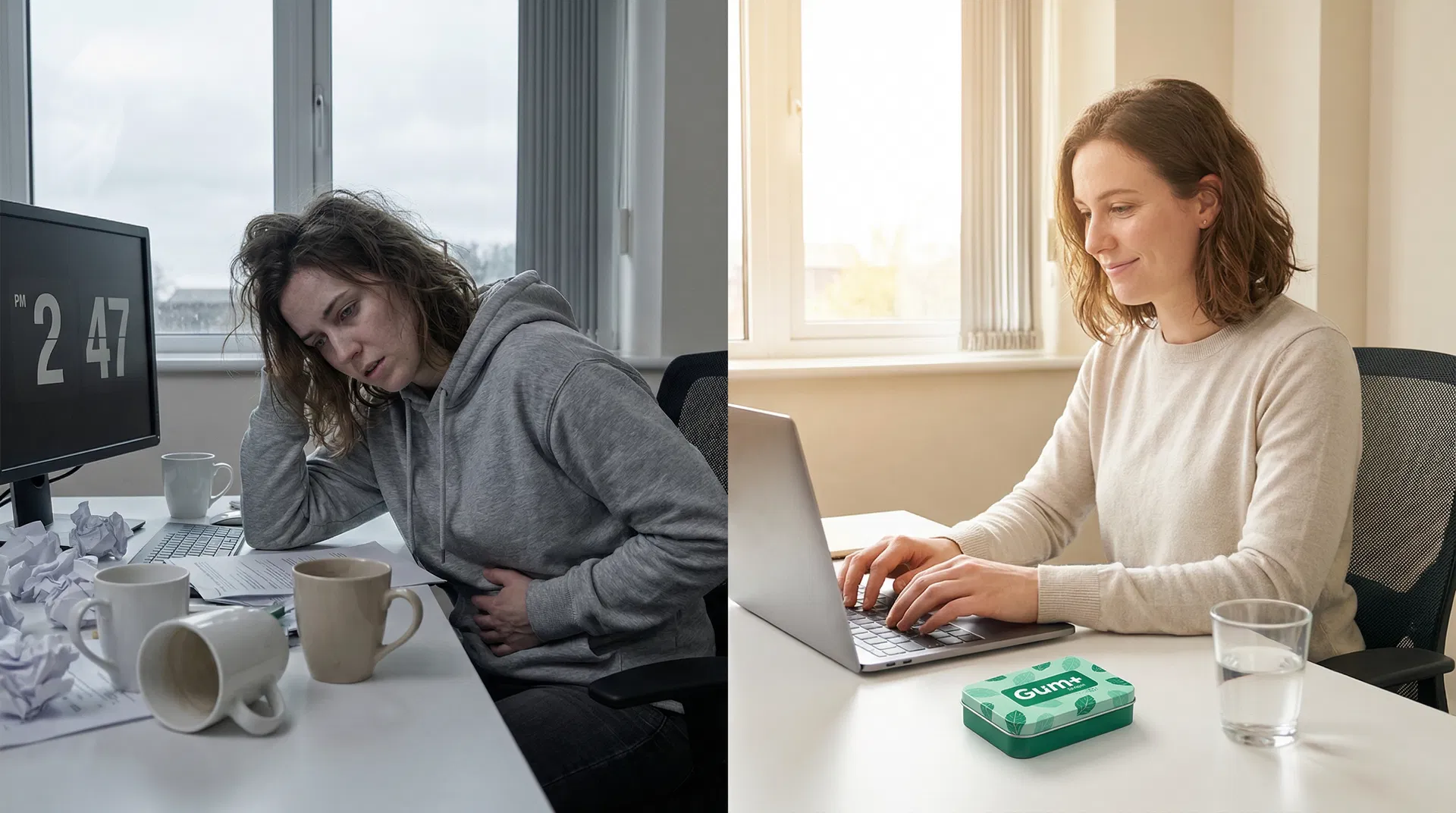 Before and after — exhausted with coffee vs focused with Gum+