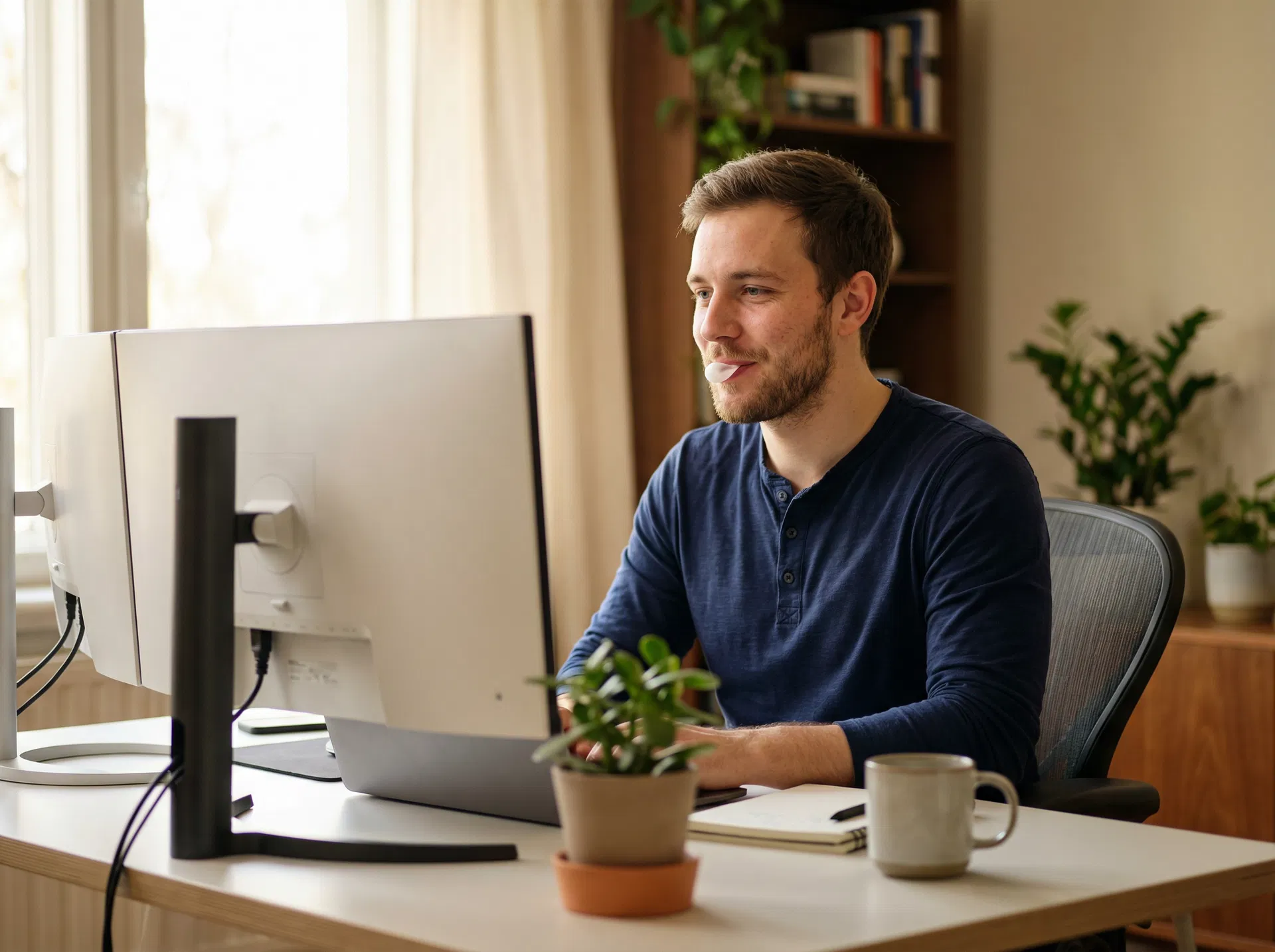 Focused person at a clean desk chewing Gum+, calm and productive