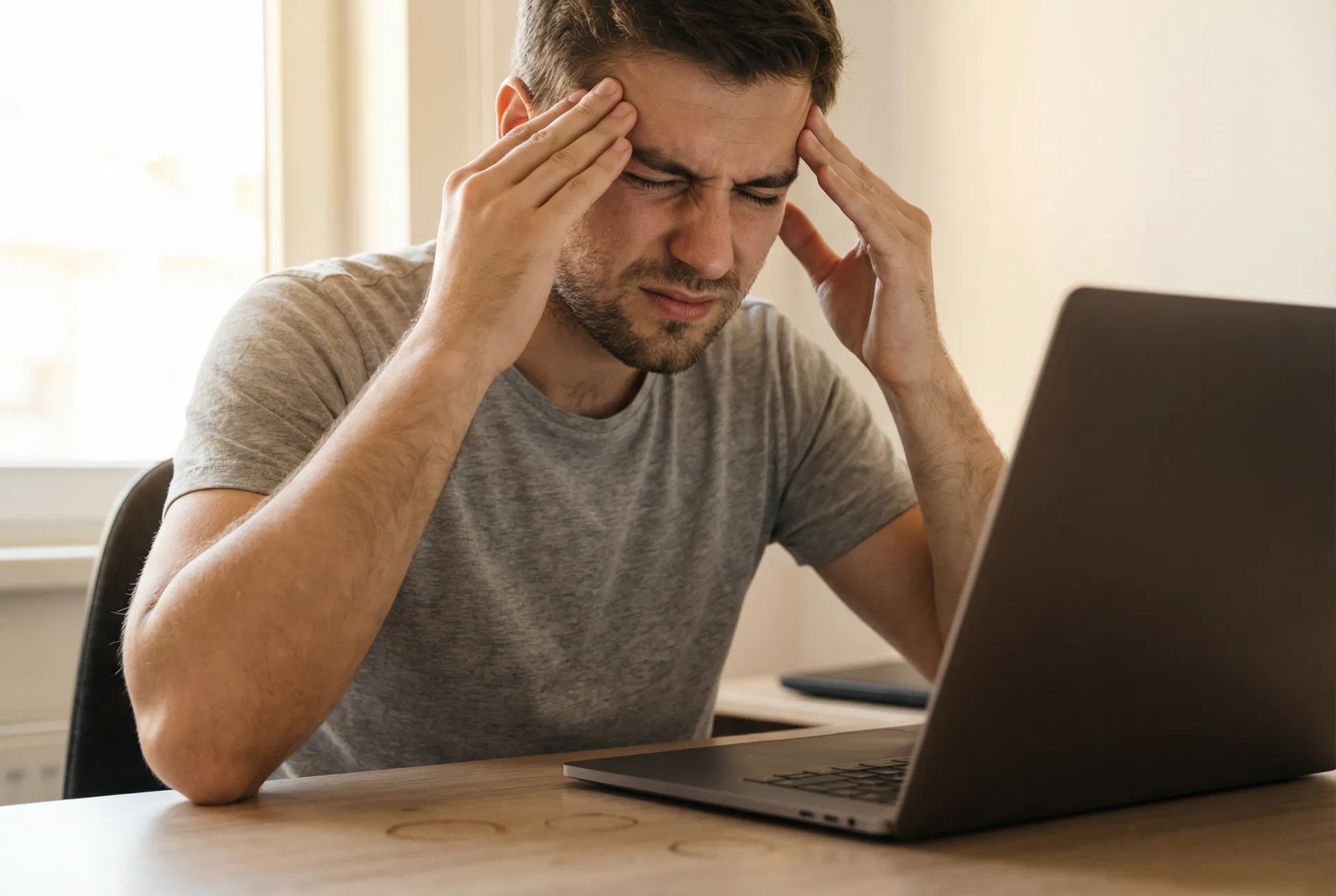 Person with severe headache holding their temples, exhausted from caffeine withdrawal