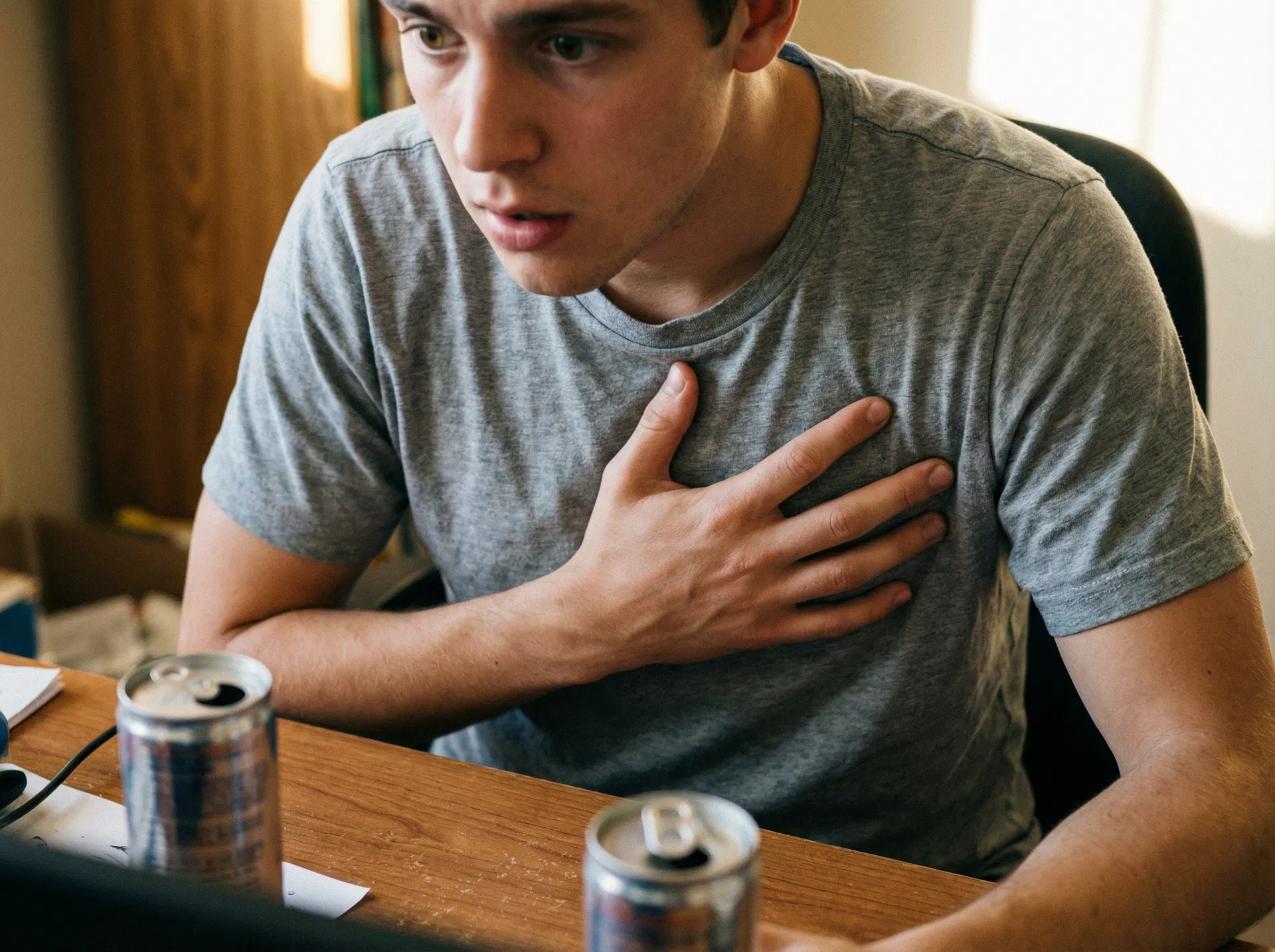Young man clutching his chest feeling heart palpitations after energy drinks