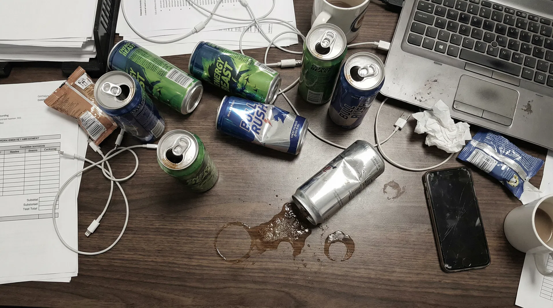 Messy desk with crushed energy drink cans, receipts, and a tired person's hand