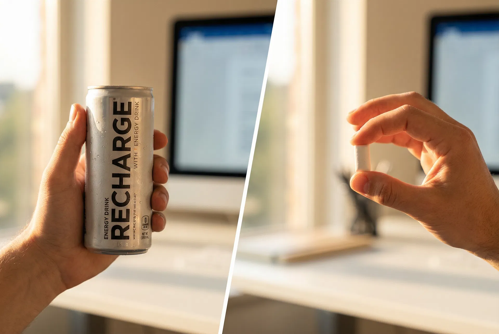 Close-up of hands reaching for an energy drink can — the oral fixation habit