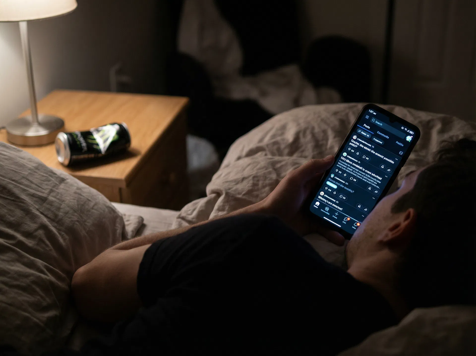 Person scrolling Reddit on their phone late at night, discovering caffeine gum