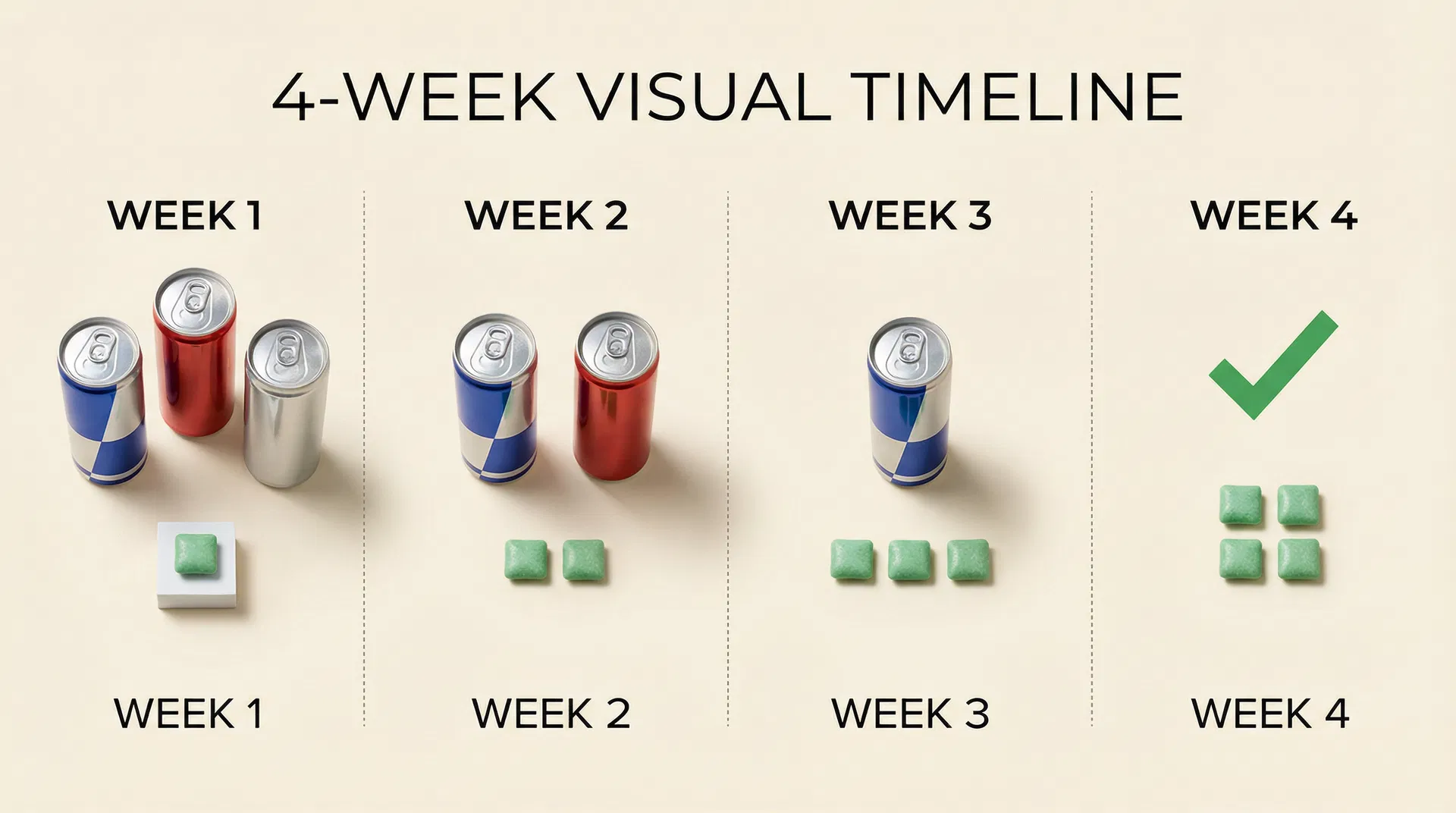 Visual step-down calendar showing weekly reduction from energy drinks to gum