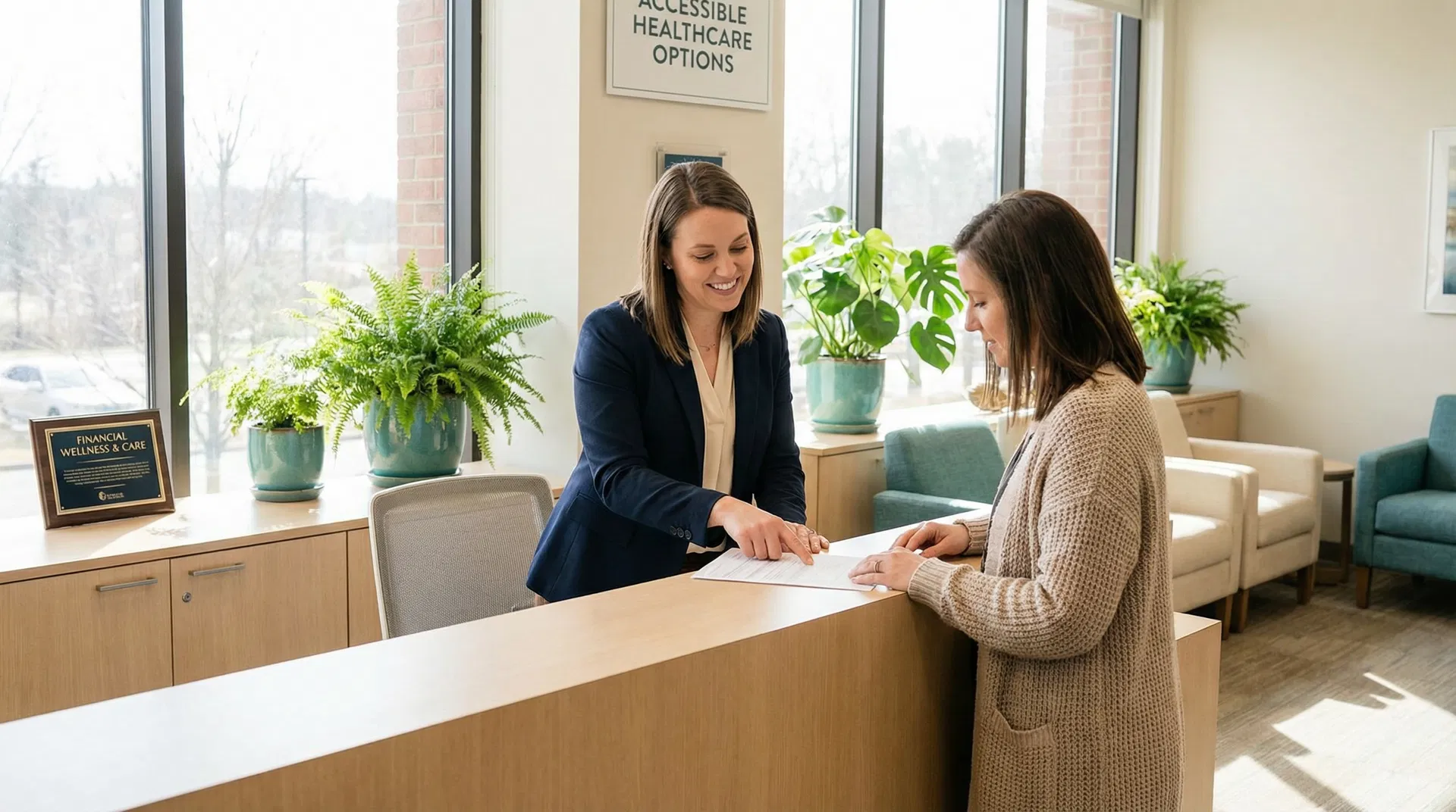 Friendly office staff helping a patient with insurance paperwork at Houston Oral Surgery