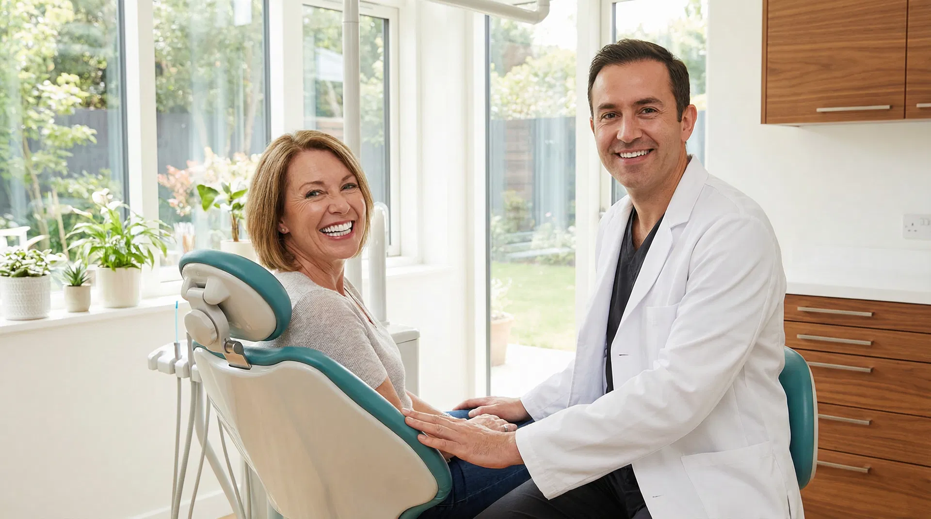 Happy patient with new smile after All-on-4 dental implant procedure in Houston