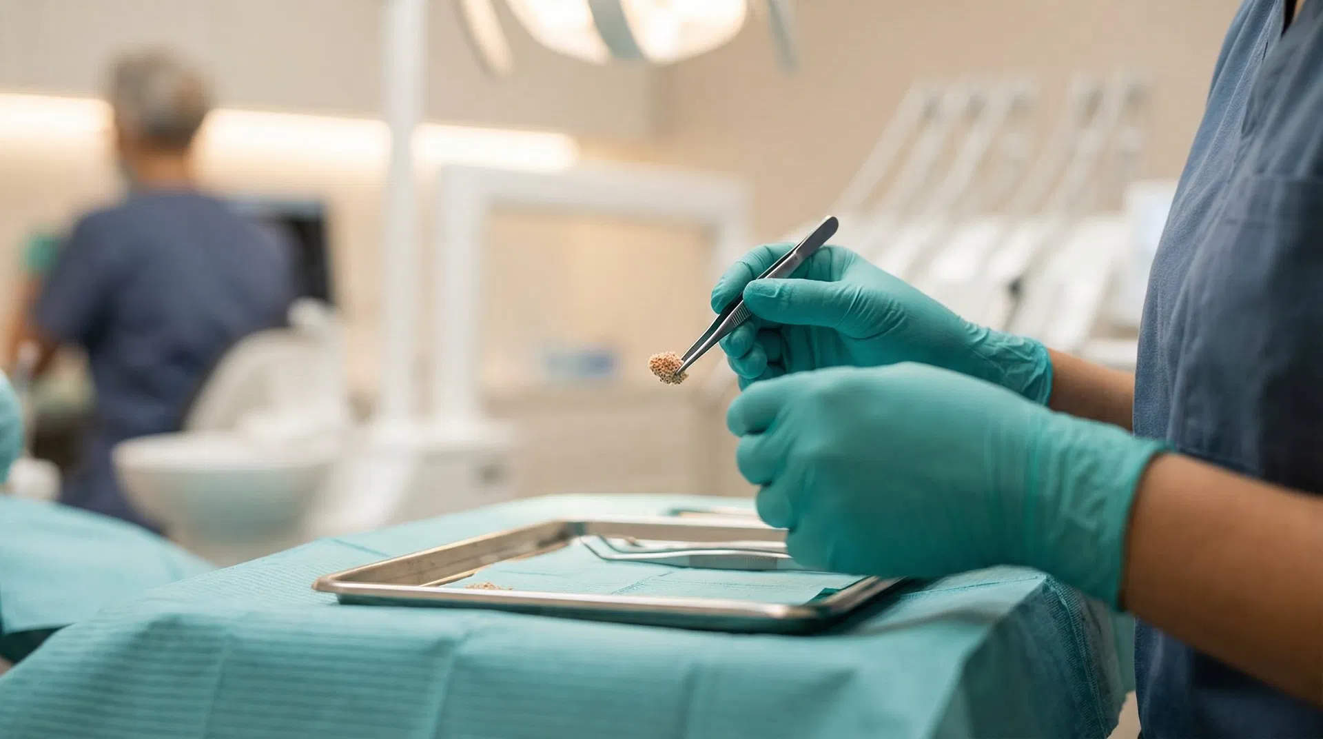 Oral surgeon preparing bone graft material for dental implant procedure in Houston