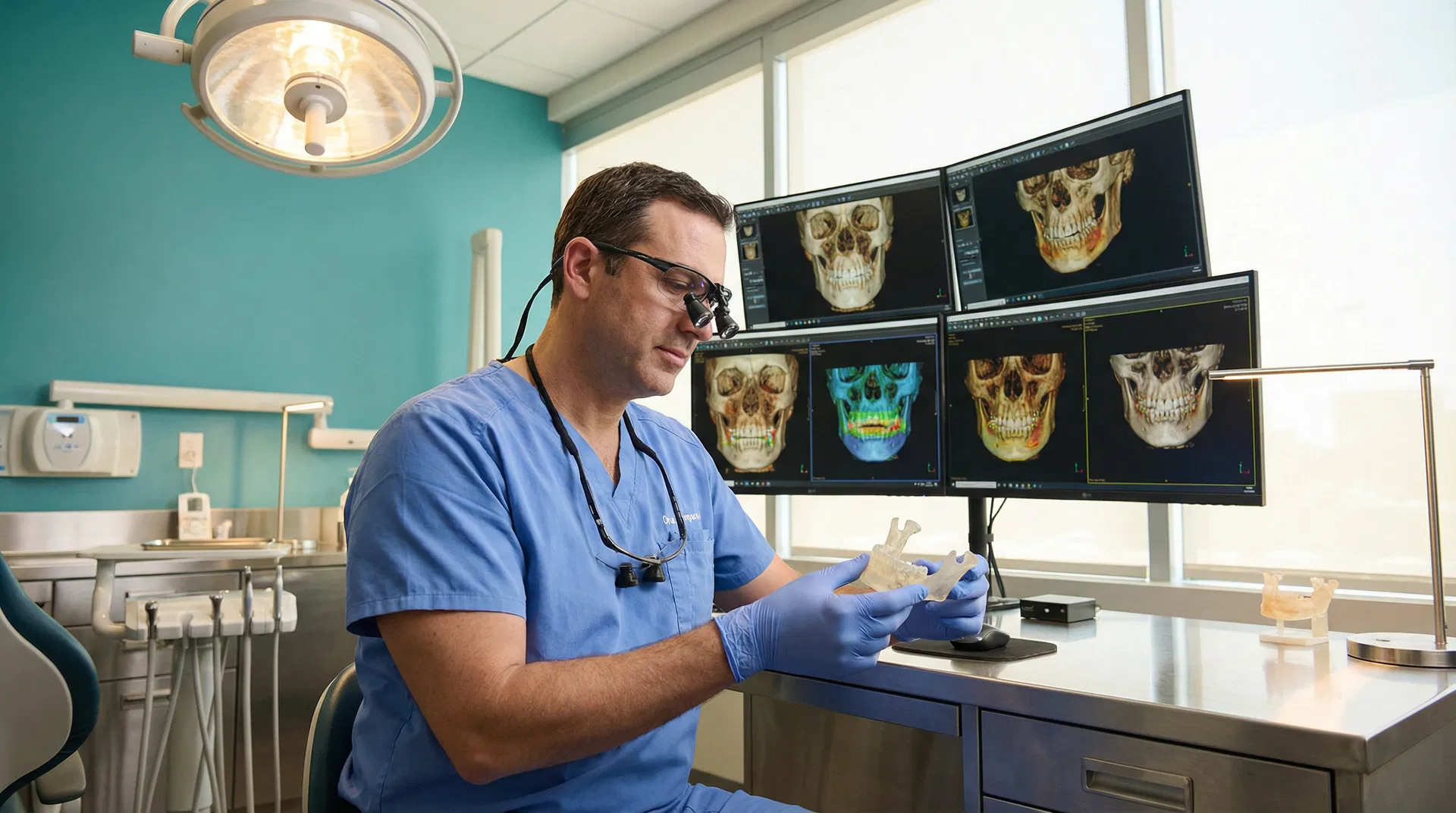 Oral surgeon examining 3D jaw model with CT scans for surgical planning in Houston