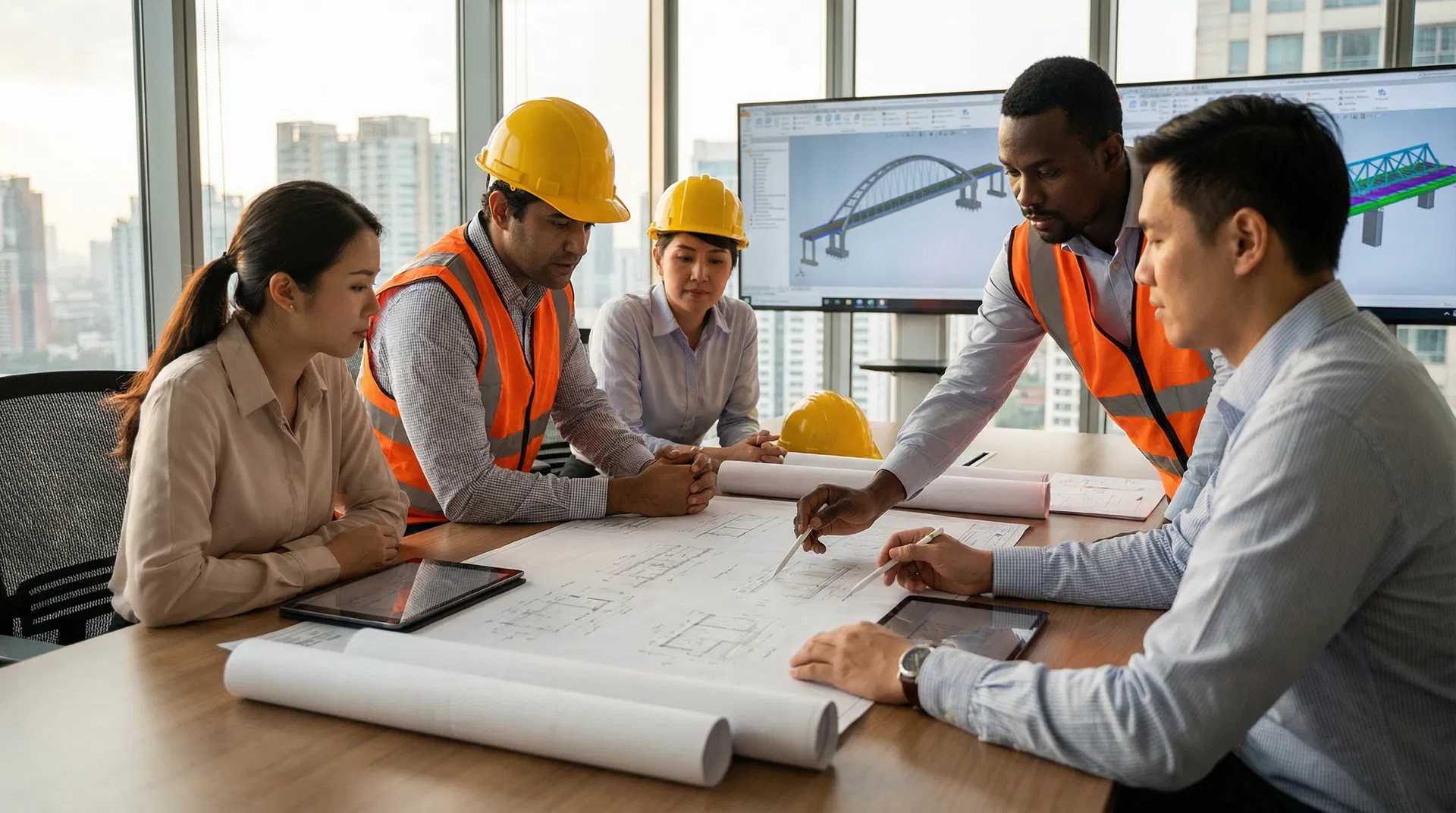 Engineering team reviewing blueprints