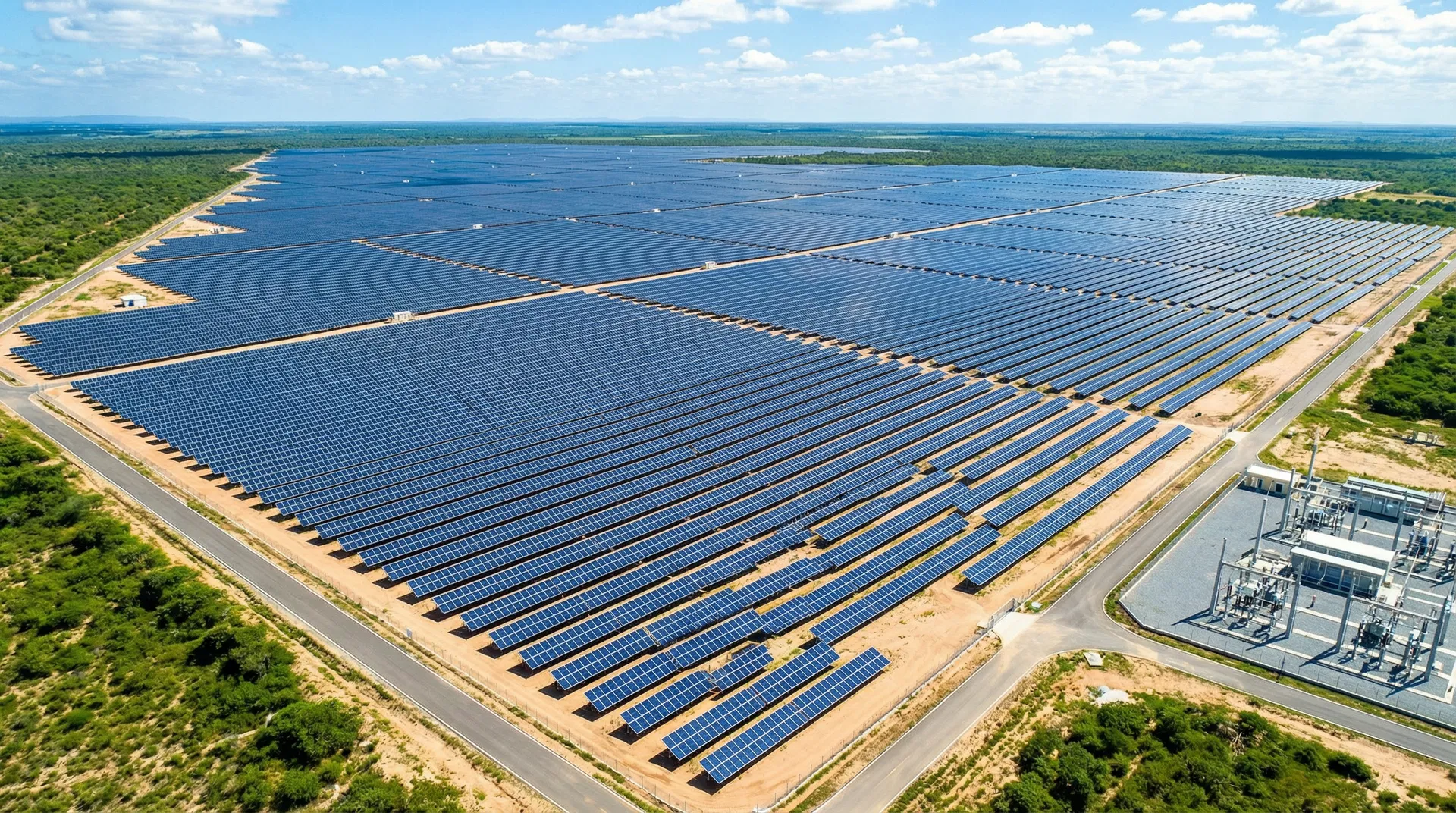 Utility-scale solar farm aerial view