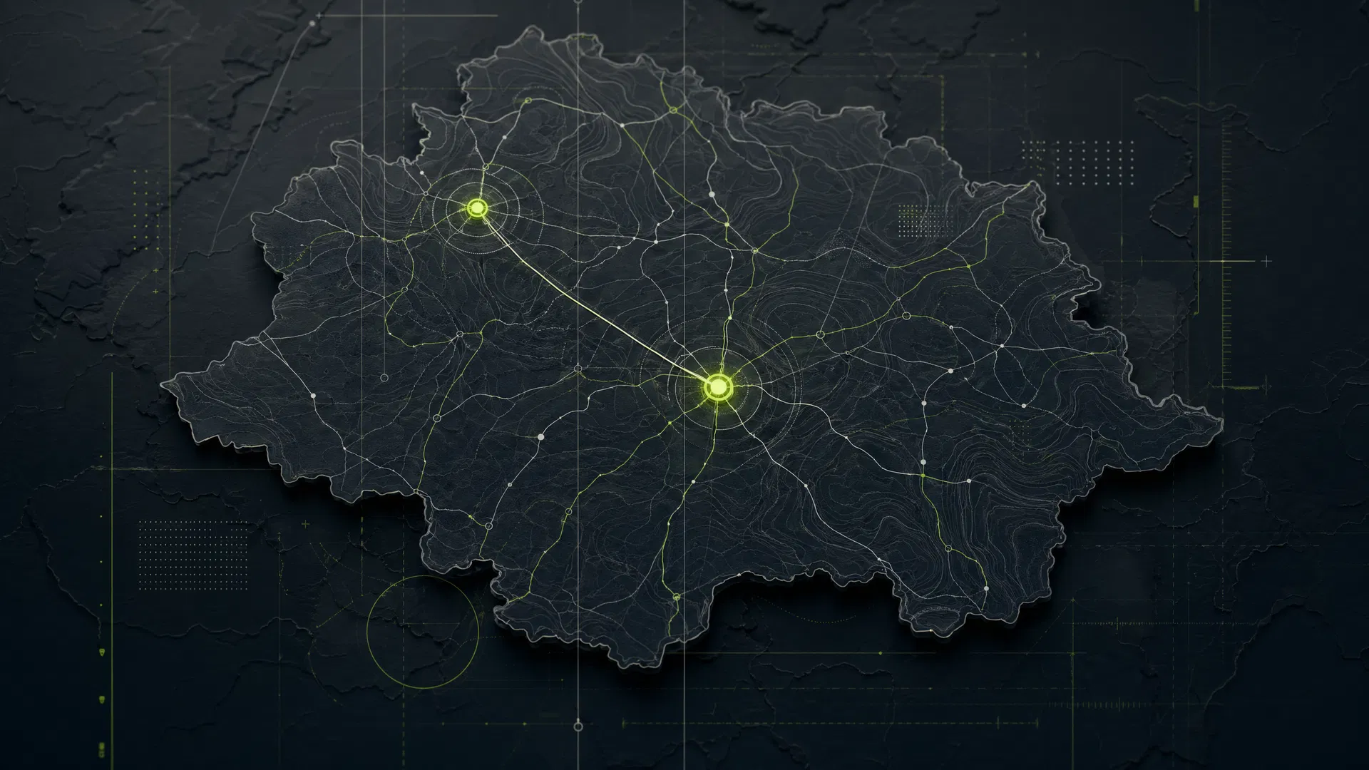 Mapa Vysočiny se zvýrazněnými body Pelhřimov a Jihlava