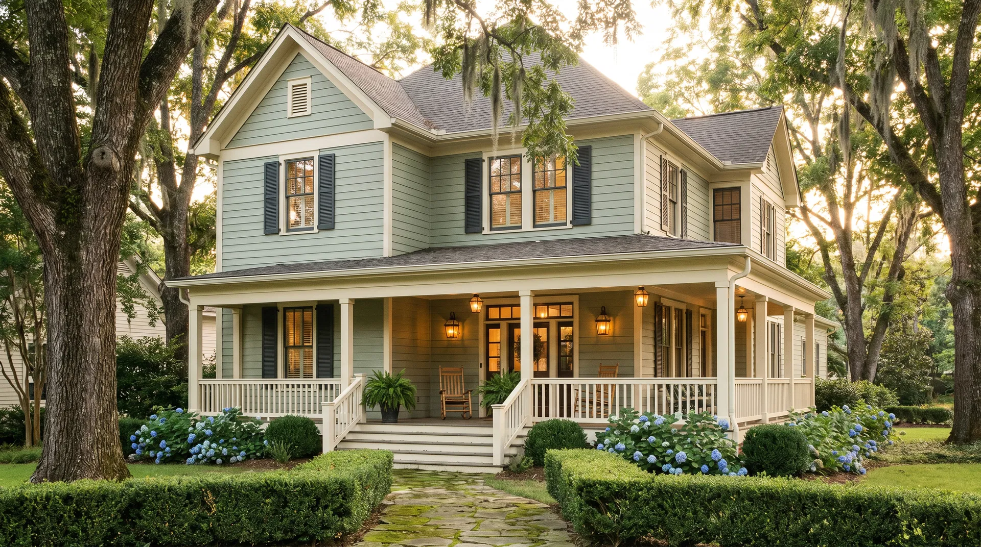 Sage Craftsman with Hydrangeas — Exterior Repaint & Porch project in The Heights, AR, Arkansas by Beams & Dreams Painting