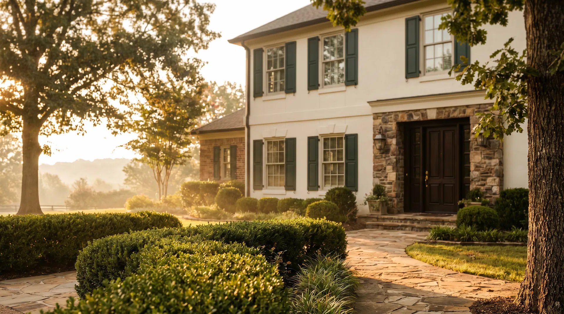 Freshly painted two-story Colonial home exterior in Little Rock, Arkansas at golden hour — Beams & Dreams Painting exterior project