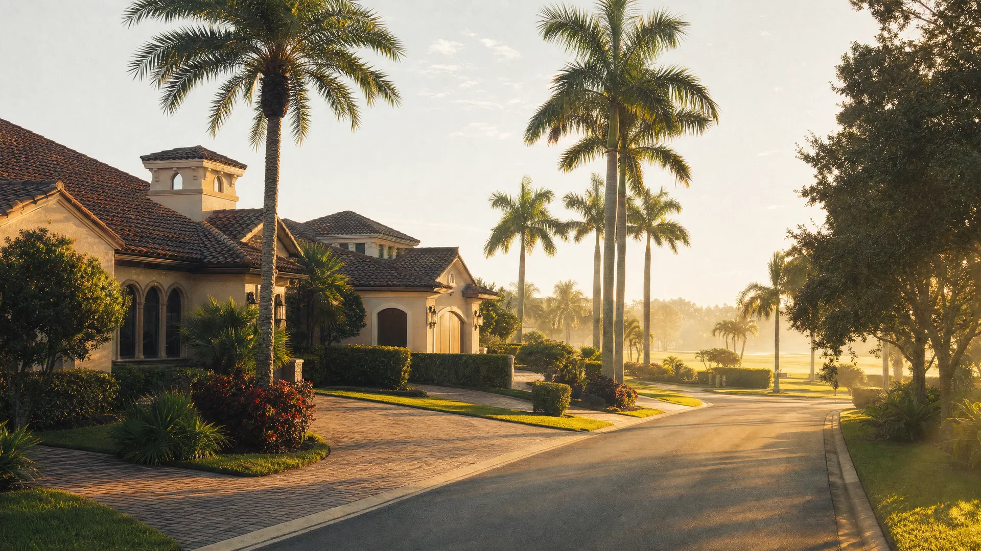 A quiet residential street in Gateway, Fort Myers, at early morning.