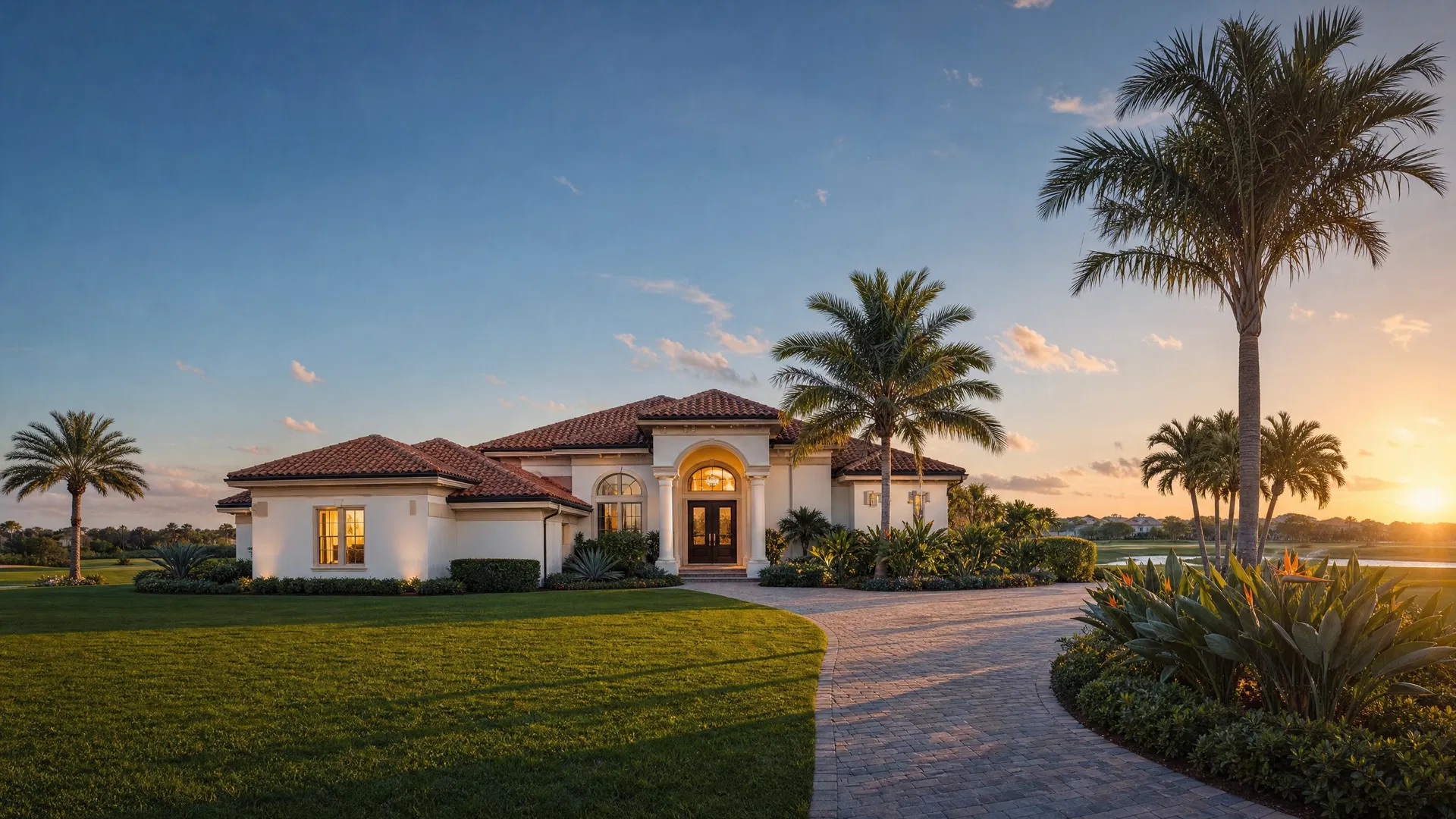 A Mediterranean-style Gateway home at golden hour, with palms and a paver driveway.