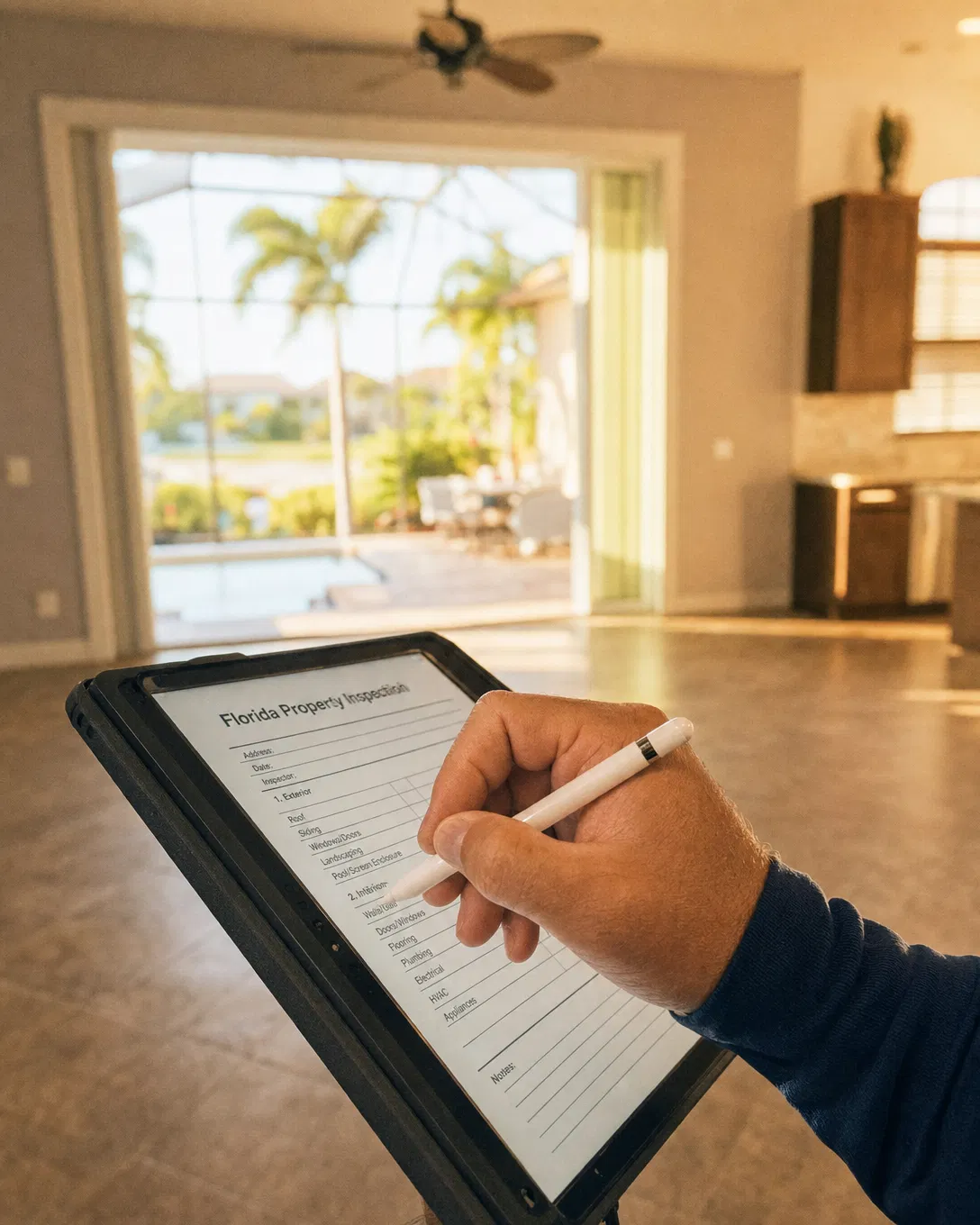 Inspecting a Florida home interior with a tablet checklist.